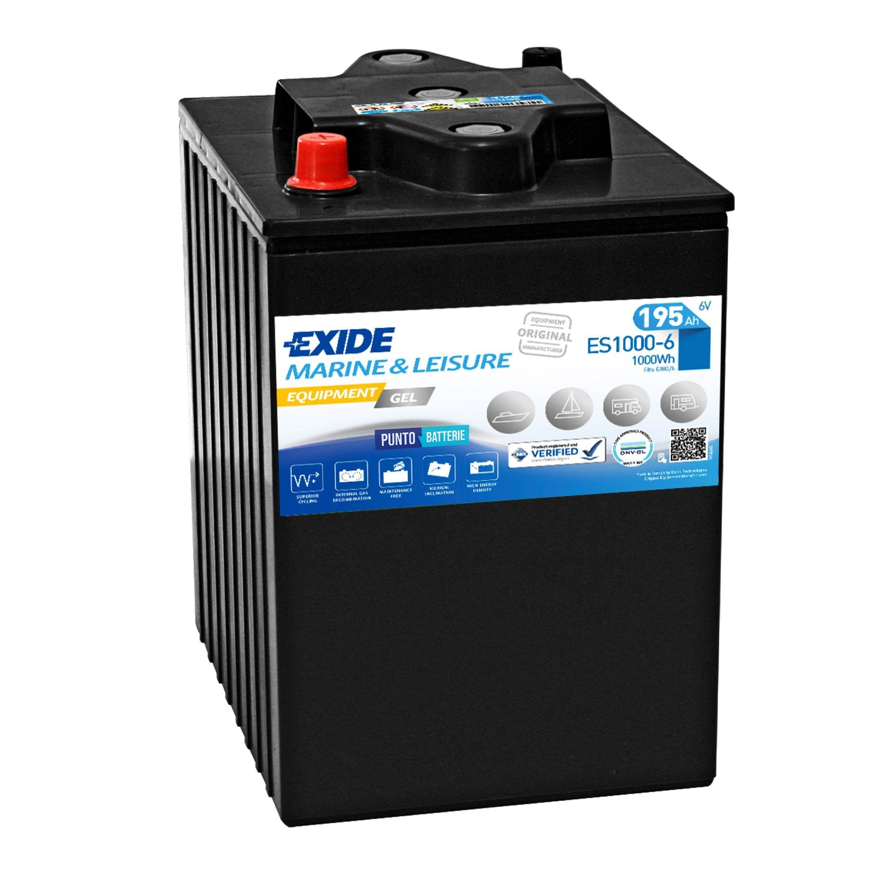 Batteria originale Exide Equipment Gel ES1000-6, dimensioni 244 x 190 x 275, 6 volt, 195 amperora, GEL. Batteria per servizi di camper, barca e applicazioni a scarica lenta.