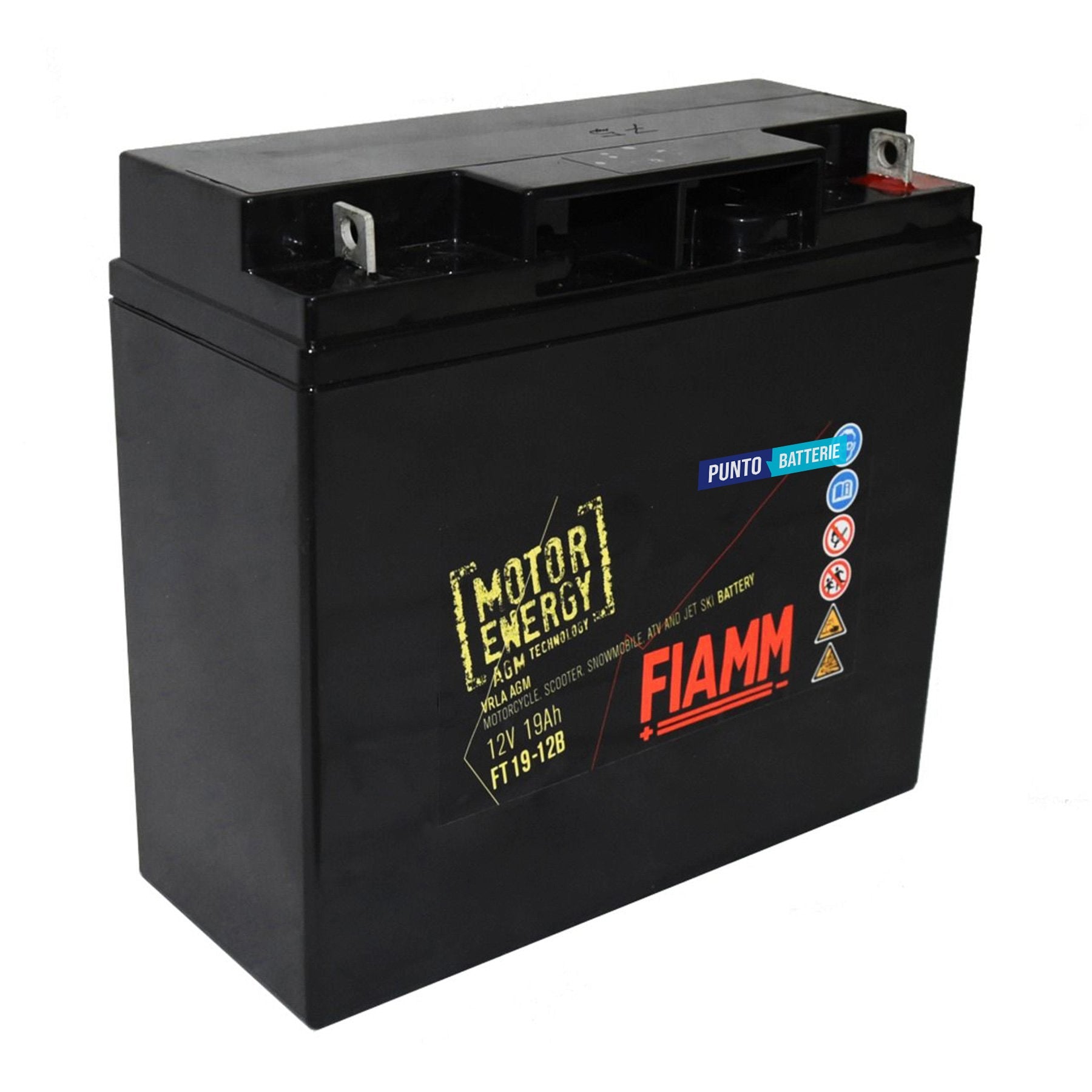 Batteria originale Fiamm Motor Energy AGM FT19-12B, dimensioni 181 x 76 x 167, polo positivo a destra, 12 volt, 19 amperora, 200 ampere. Batteria per moto, scooter e powersport.