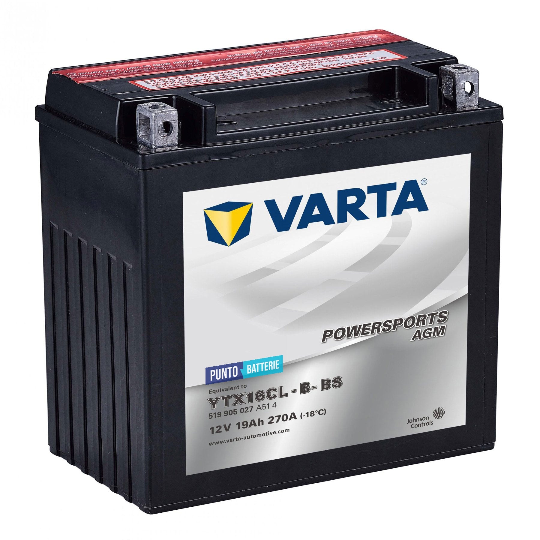 Batteria originale Varta Powersport AGM YTX16CL-B-BS, dimensioni 113 x 70 x 105, polo positivo a destra, 12 volt, 19 amperora, 270 ampere. Batteria per moto, scooter e powersport.