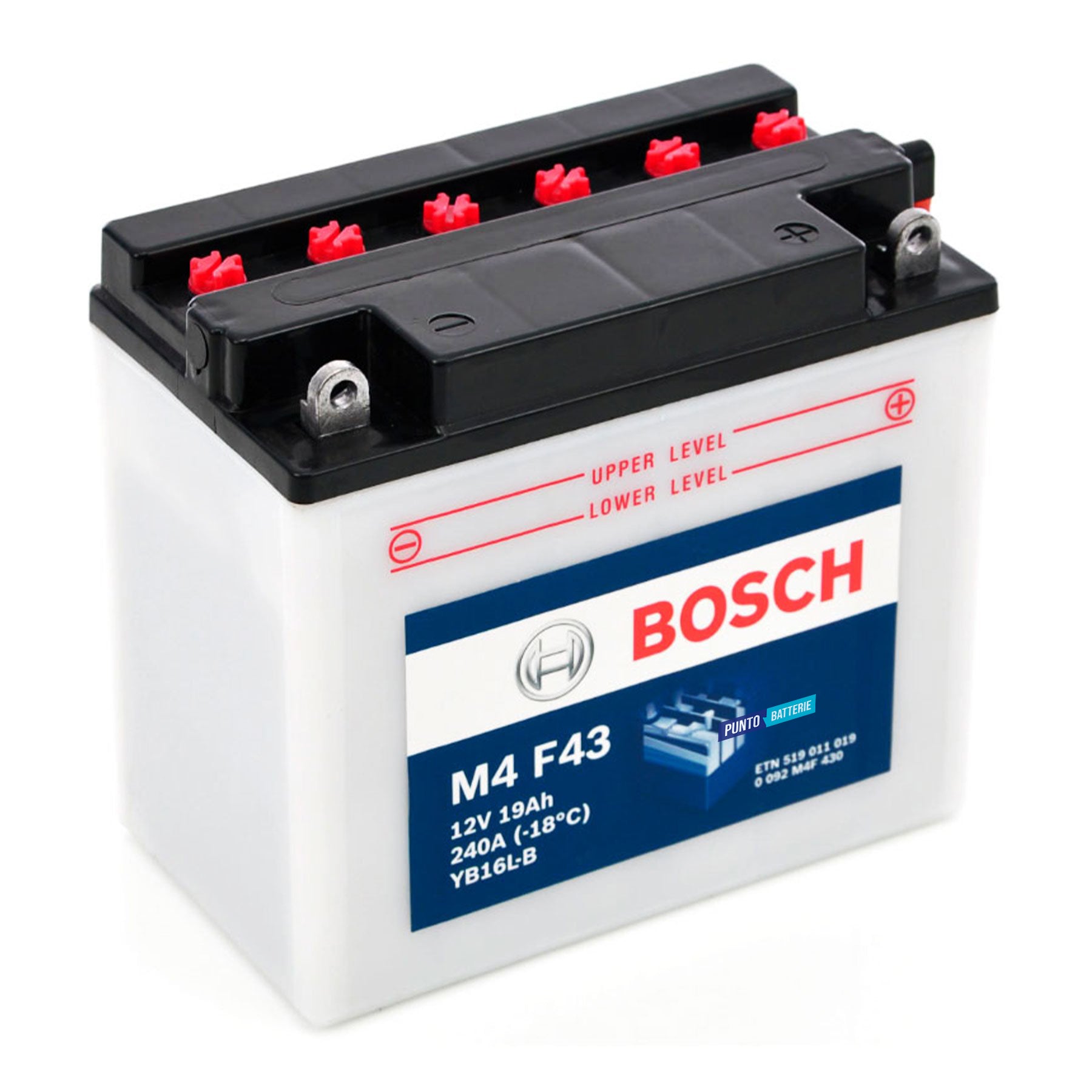 Batteria originale Bosch M4 M4F43, dimensioni 175 x 100 x 155, polo positivo a destra, 12 volt, 19 amperora, 240 ampere. Batteria per moto, scooter e powersport.
