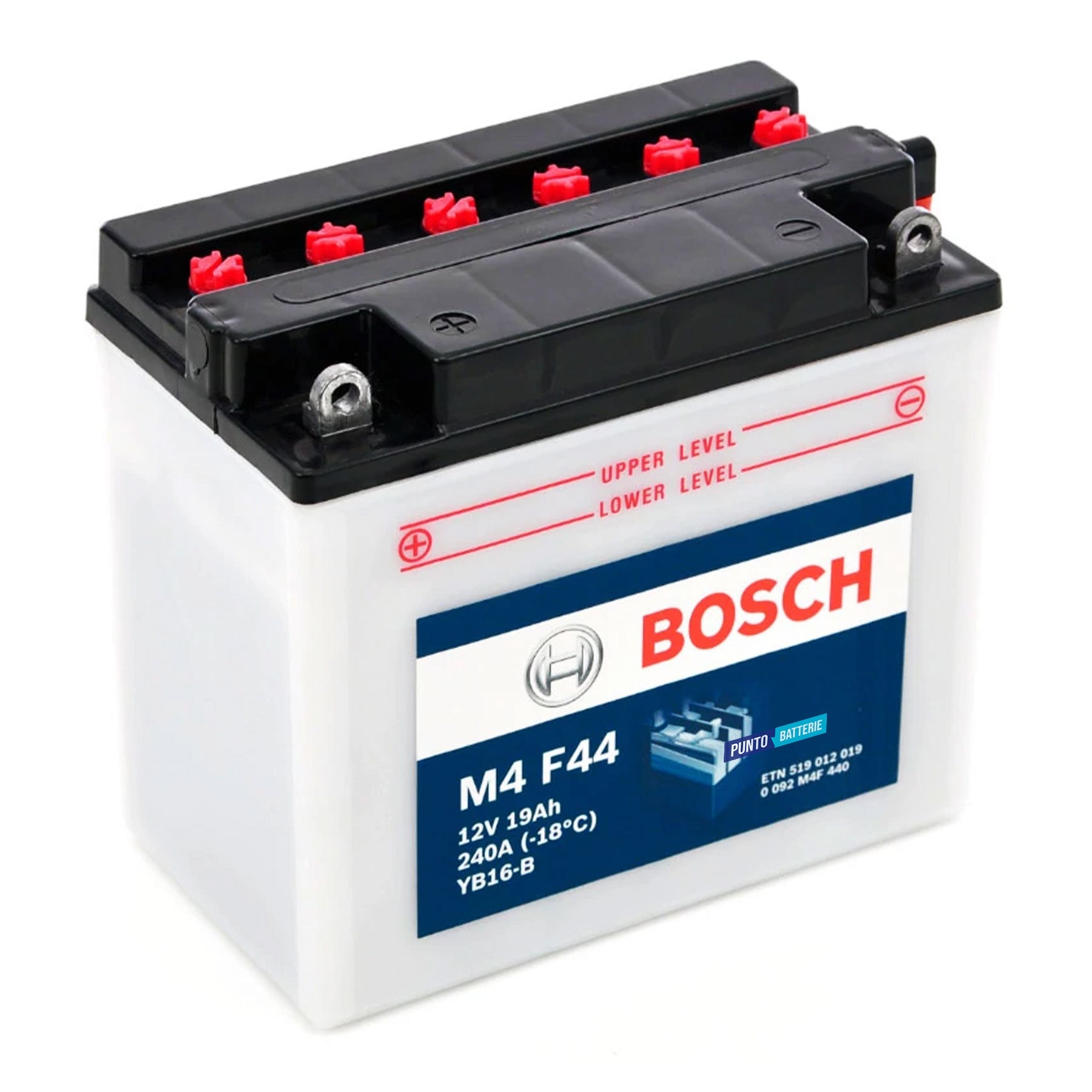 Batteria originale Bosch M4 M4F44, dimensioni 175 x 100 x 155, polo positivo a sinistra, 12 volt, 19 amperora, 240 ampere. Batteria per moto, scooter e powersport.
