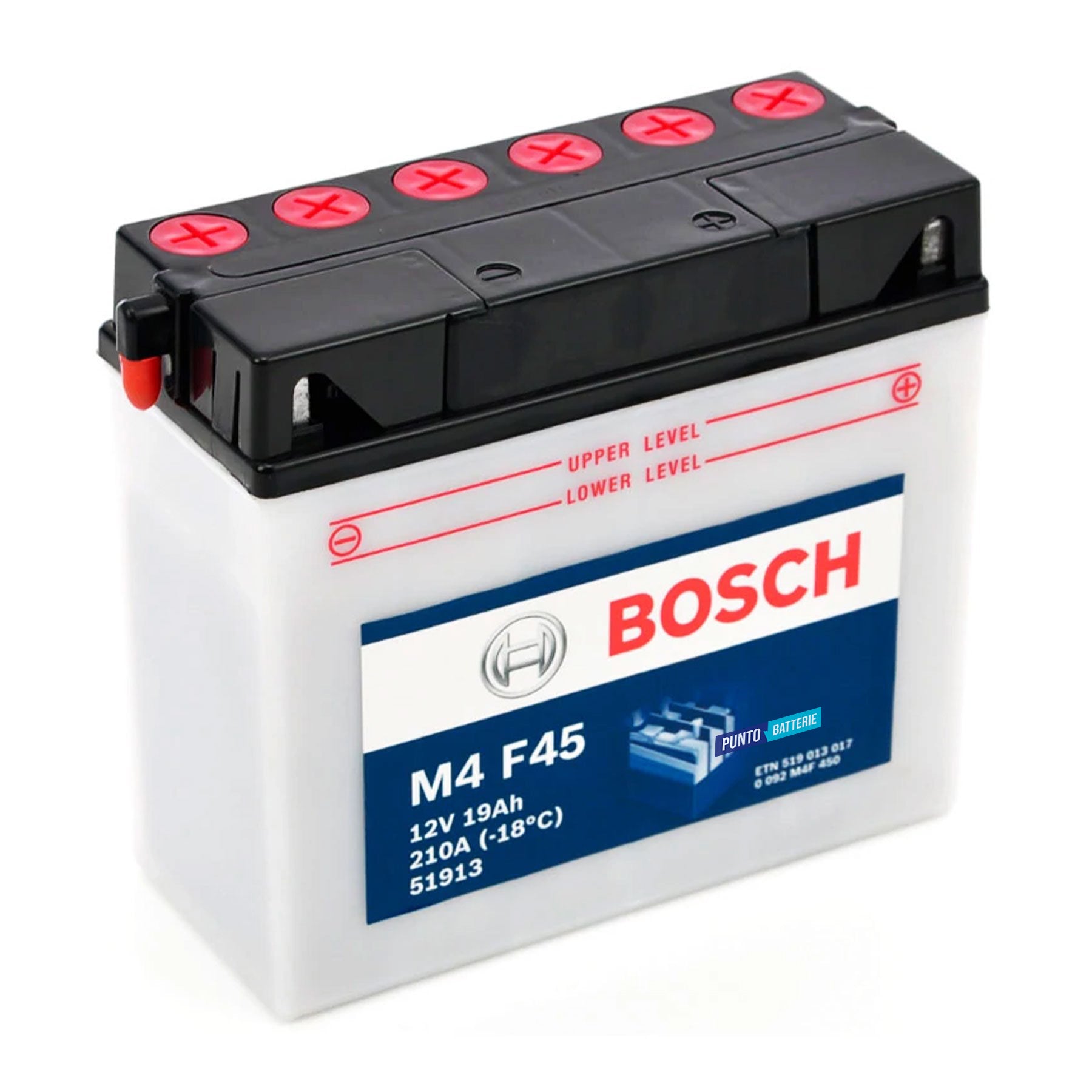 Batteria originale Bosch M4 M4F45, dimensioni 196 x 82 x 171, polo positivo a destra, 12 volt, 19 amperora, 210 ampere. Batteria per moto, scooter e powersport.
