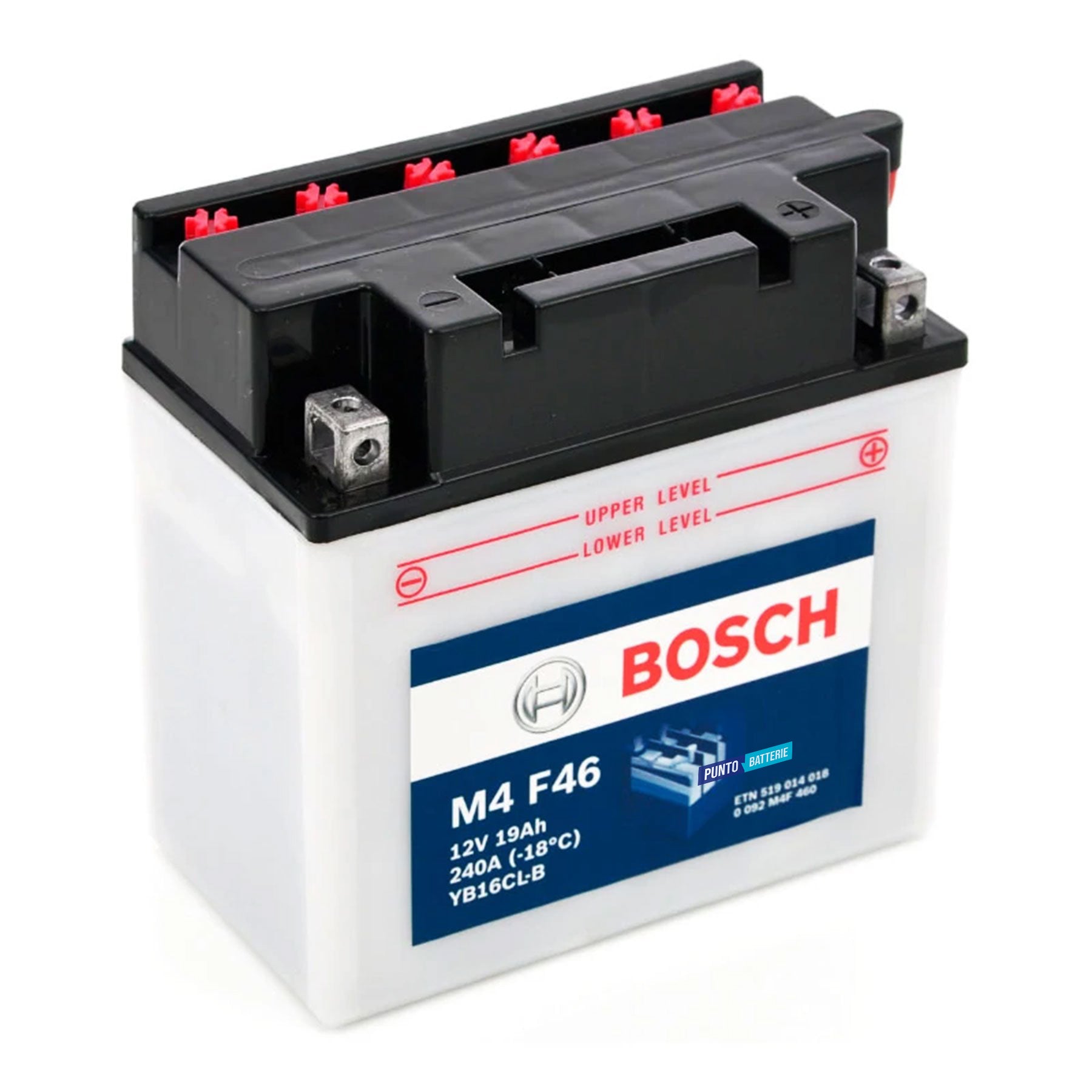 Batteria originale Bosch M4 M4F46, dimensioni 175 x 100 x 175, polo positivo a destra, 12 volt, 19 amperora, 240 ampere. Batteria per moto, scooter e powersport.