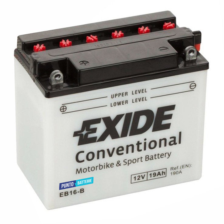 Batteria originale Exide Conventional EB16-B, dimensioni 175 x 100 x 155, polo positivo a sinistra, 12 volt, 19 amperora, 190 ampere. Batteria per moto, scooter e powersport.