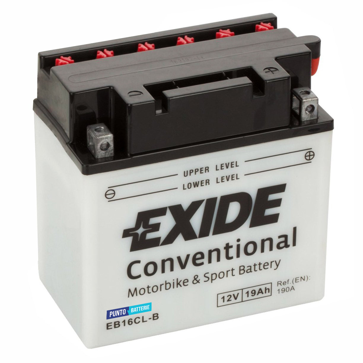 Batteria originale Exide Conventional EB16CL-B, dimensioni 175 x 100 x 175, polo positivo a destra, 12 volt, 19 amperora, 190 ampere. Batteria per moto, scooter e powersport.