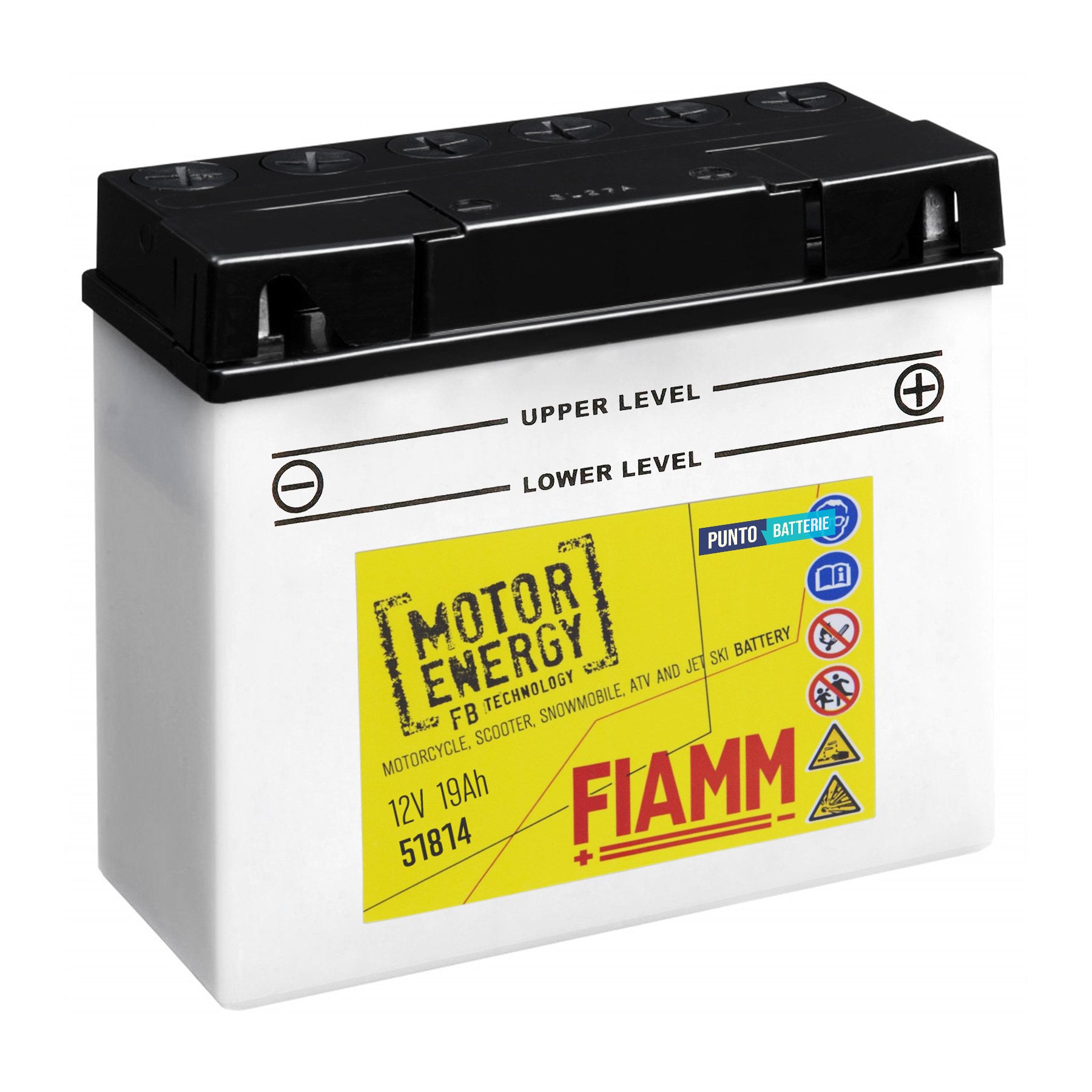 Batteria originale Fiamm Motor Energy FB 51814, dimensioni 186 x 82 x 173, polo positivo a destra, 12 volt, 19 amperora, 100 ampere. Batteria per moto, scooter e powersport.