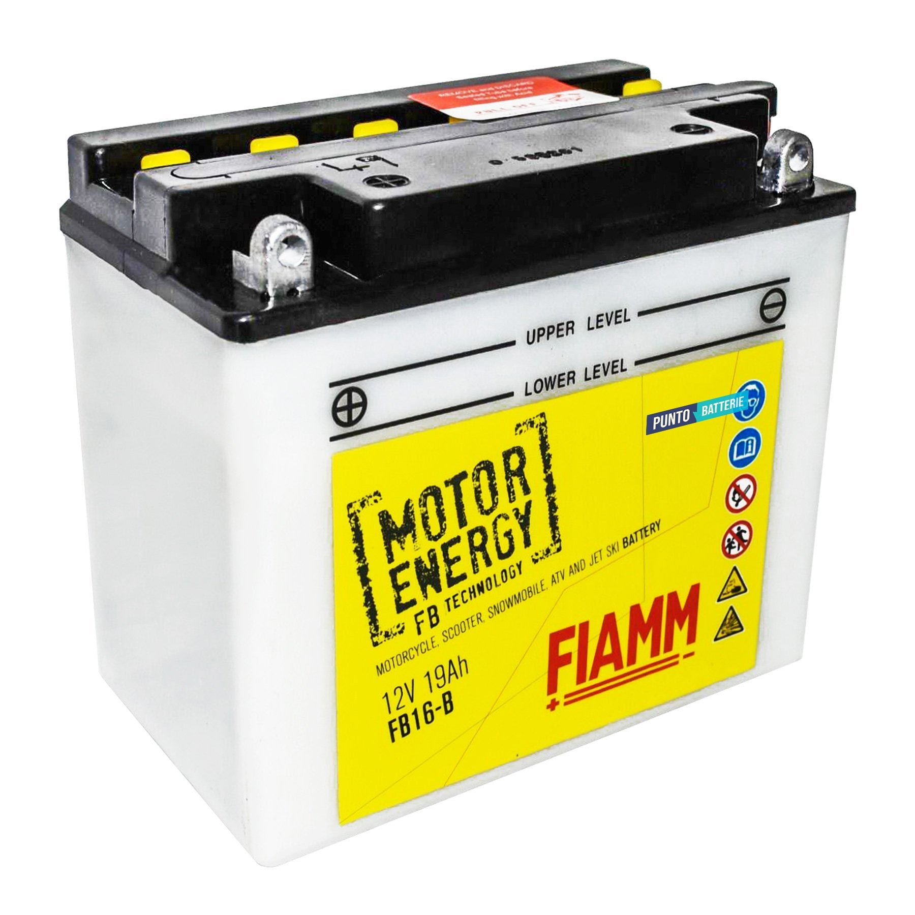 Batteria originale Fiamm Motor Energy FB FB16-B, dimensioni 175 x 100 x 155, polo positivo a sinistra, 12 volt, 19 amperora, 240 ampere. Batteria per moto, scooter e powersport.