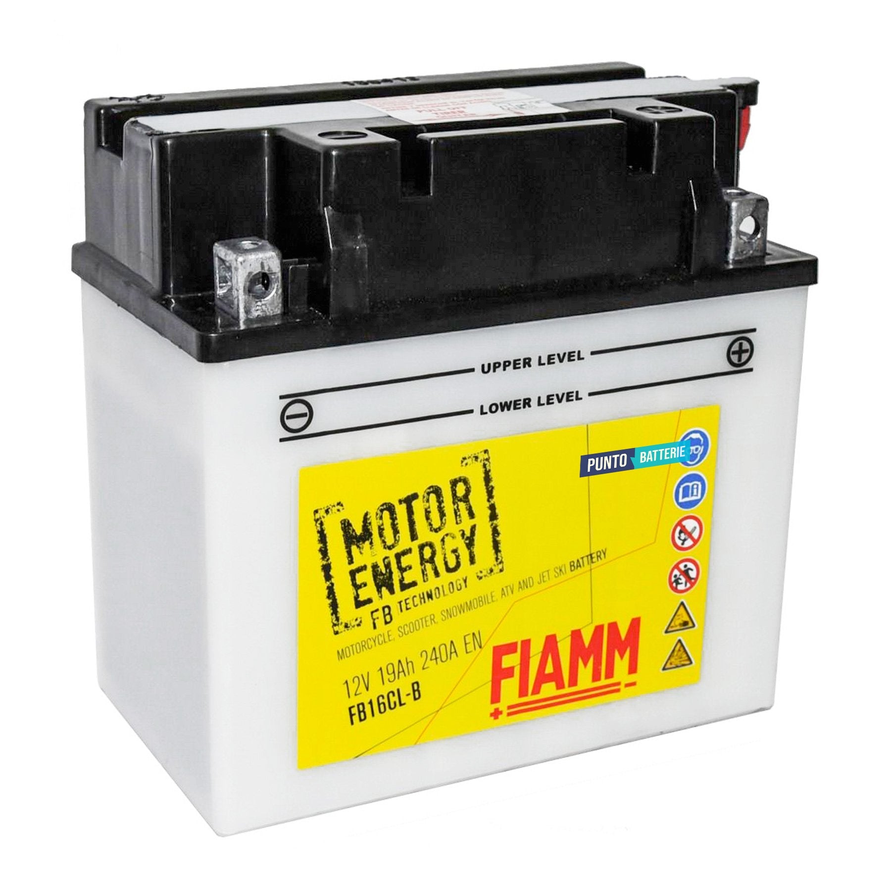 Batteria originale Fiamm Motor Energy FB FB16CL-B, dimensioni 175 x 100 x 175, polo positivo a destra, 12 volt, 19 amperora, 240 ampere. Batteria per moto, scooter e powersport.