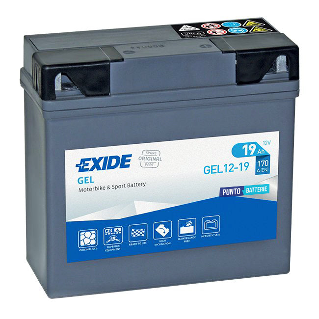Batteria originale Exide GEL GEL12-19, dimensioni 185 x 80 x 170, polo positivo a destra, 12 volt, 19 amperora, 170 ampere. Batteria per moto, scooter e powersport.