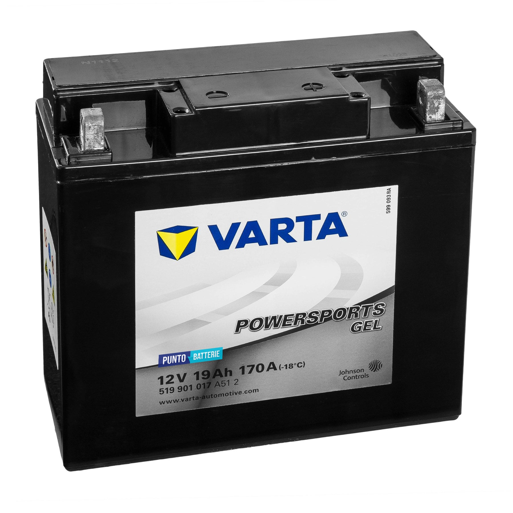 Batteria originale Varta Powersport GEL 519901017, dimensioni 186 x 82 x 173, polo positivo a destra, 12 volt, 19 amperora, 170 ampere. Batteria per moto, scooter e powersport.