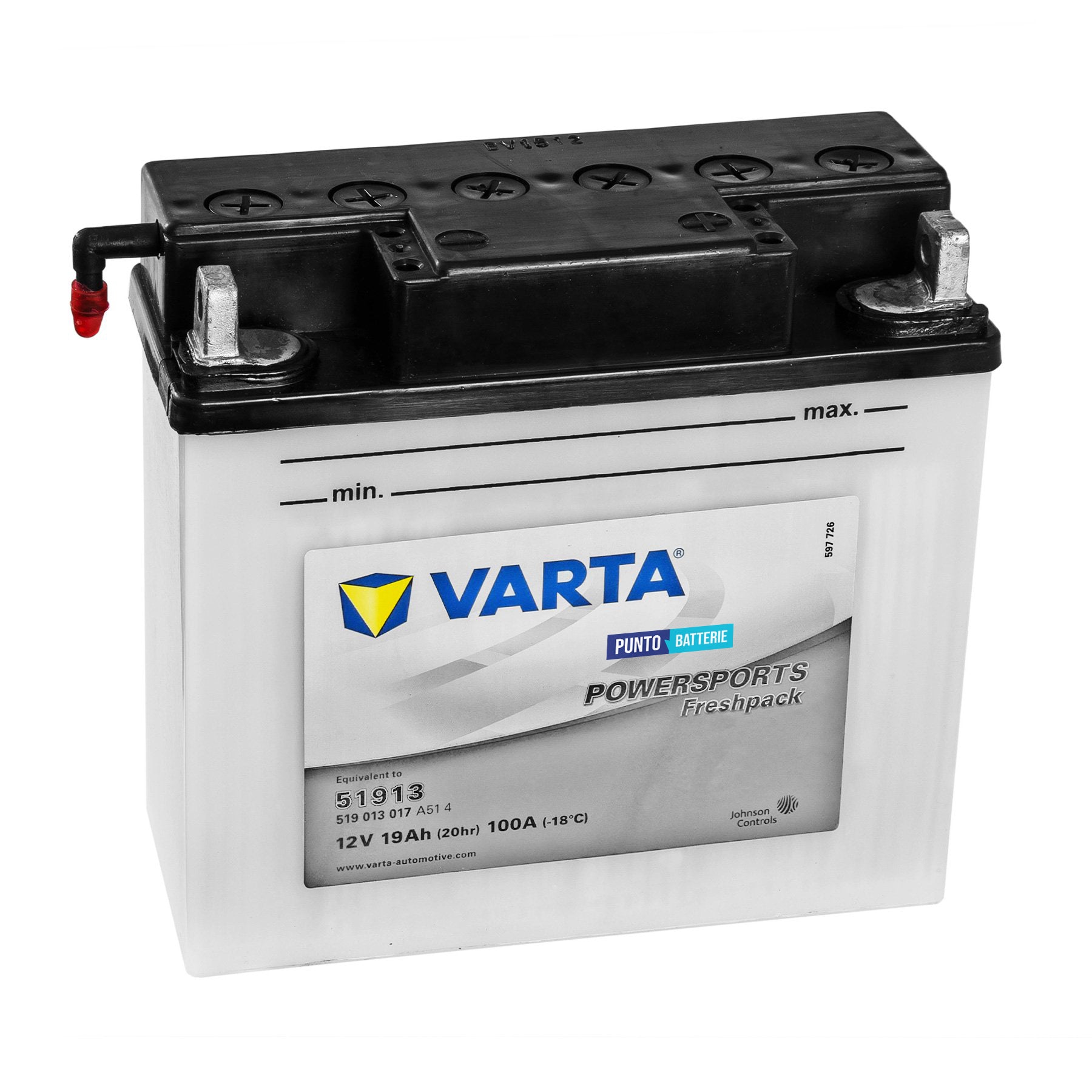 Batteria originale Varta Powersport Freshpack 51913, dimensioni 186 x 82 x 171, polo positivo a destra, 12 volt, 19 amperora, 100 ampere. Batteria per moto, scooter e powersport.