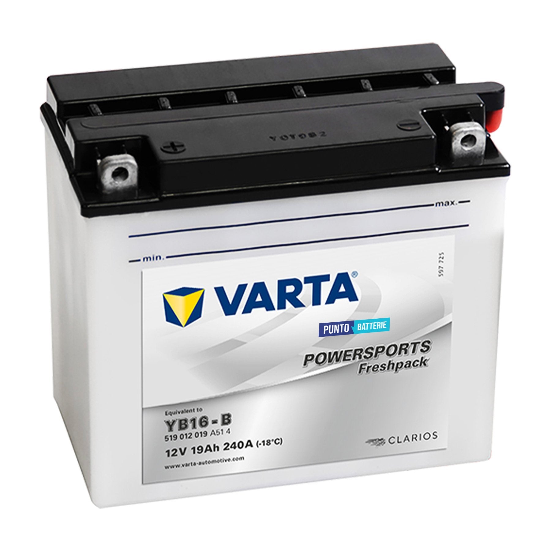 Batteria originale Varta Powersport Freshpack YB16-B, dimensioni 176 x 101 x 156, polo positivo a sinistra, 12 volt, 19 amperora, 240 ampere. Batteria per moto, scooter e powersport.