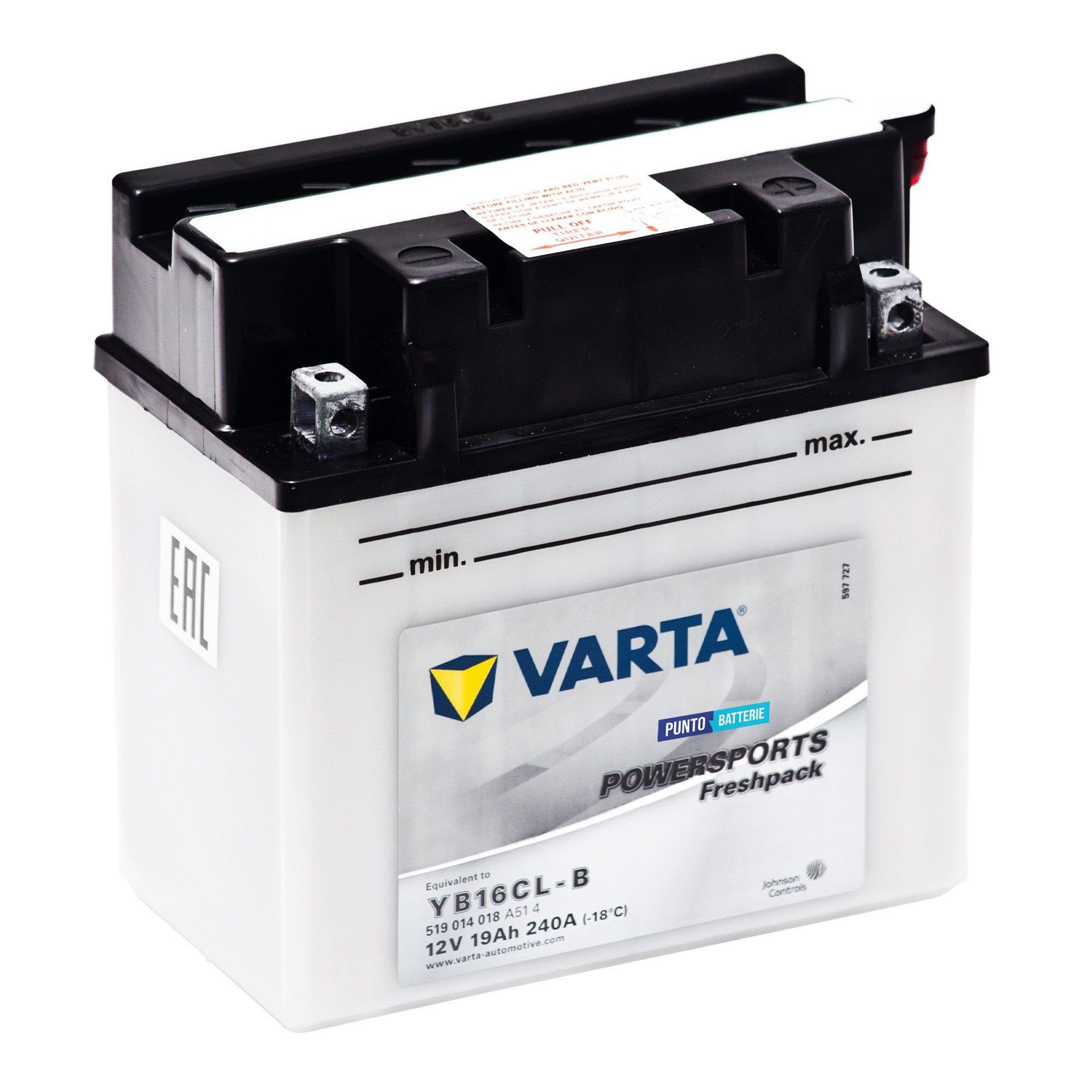 Batteria originale Varta Powersport Freshpack YB16CL-B, dimensioni 176 x 101 x 176, polo positivo a destra, 12 volt, 19 amperora, 240 ampere. Batteria per moto, scooter e powersport.
