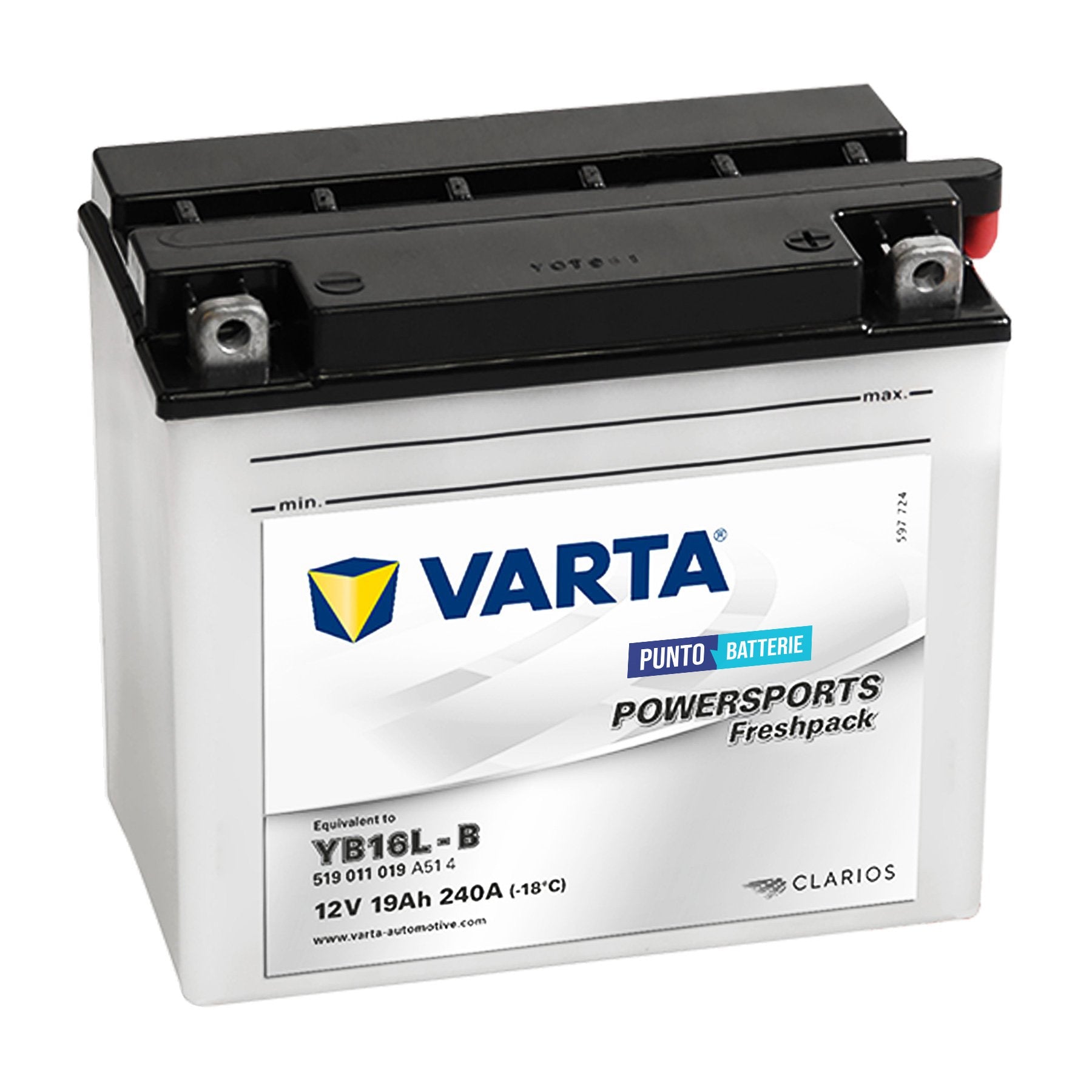Batteria originale Varta Powersport Freshpack YB16L-B, dimensioni 176 x 101 x 156, polo positivo a destra, 12 volt, 19 amperora, 240 ampere. Batteria per moto, scooter e powersport.