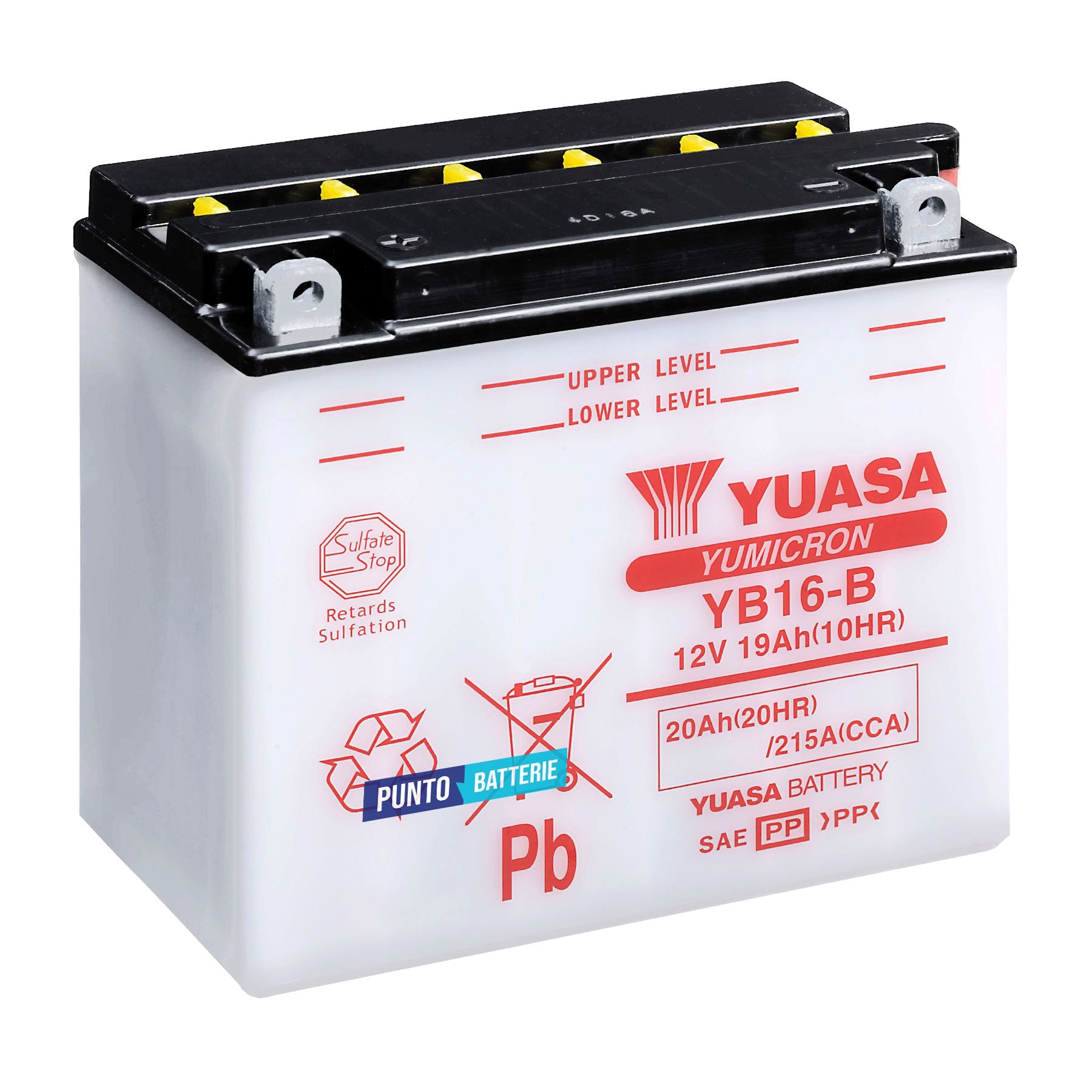 Batteria originale Yuasa YuMicron YB16-B, dimensioni 175 x 100 x 155, polo positivo a sinistra, 12 volt, 19 amperora, 215 ampere. Batteria per moto, scooter e powersport.