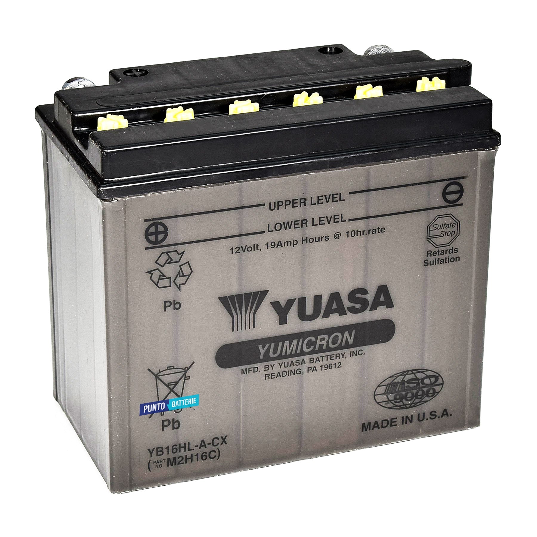 Batteria originale Yuasa YuMicron CX YB16HL-A-CX, dimensioni 175 x 100 x 155, polo positivo a destra, 12 volt, 19 amperora, 255 ampere. Batteria per moto, scooter e powersport.