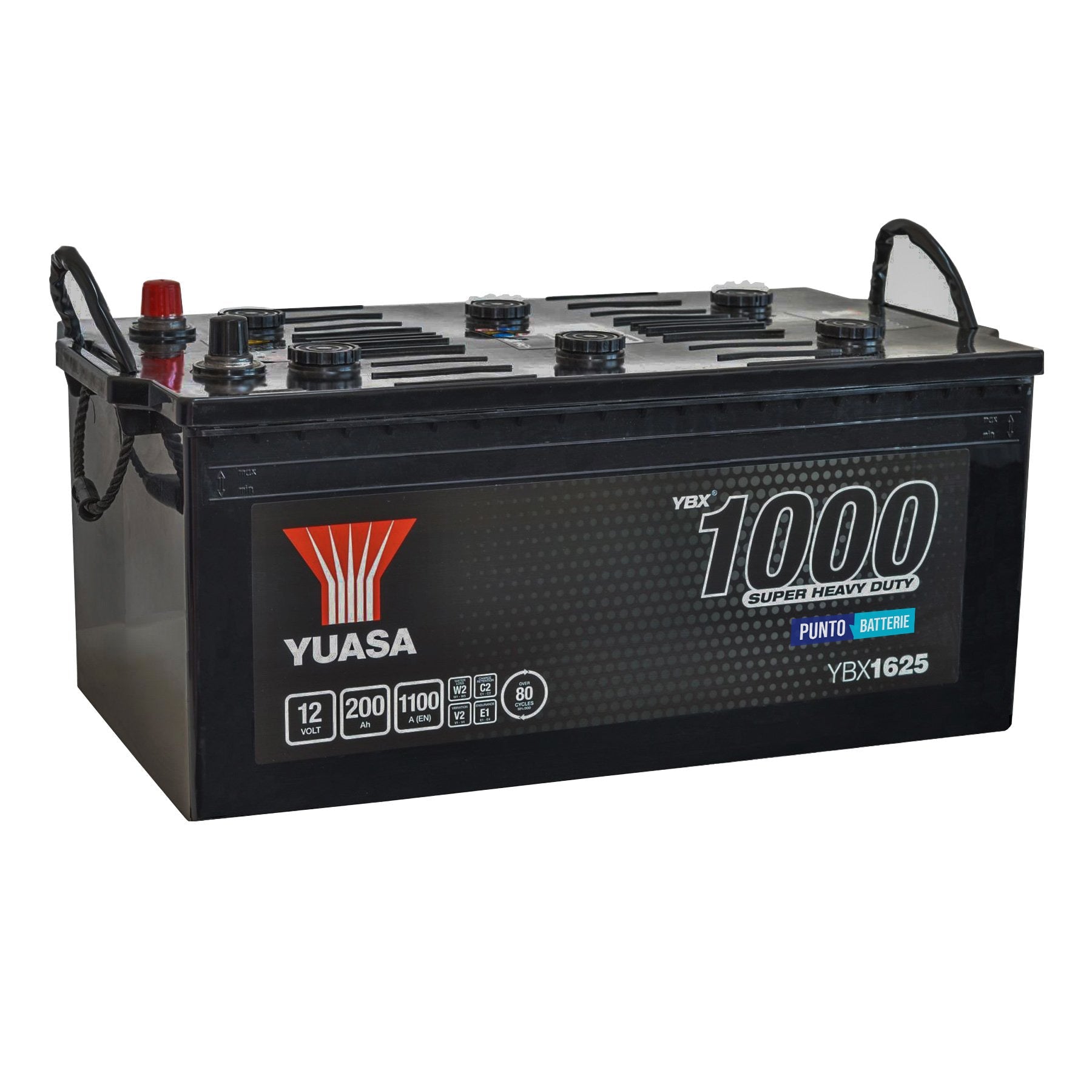 Batteria originale Yuasa YBX1000 YBX1625, dimensioni 513 x 274 x 242, polo positivo a sinistra, 12 volt, 200 amperora, 1100 ampere. Batteria per camion e veicoli pesanti.