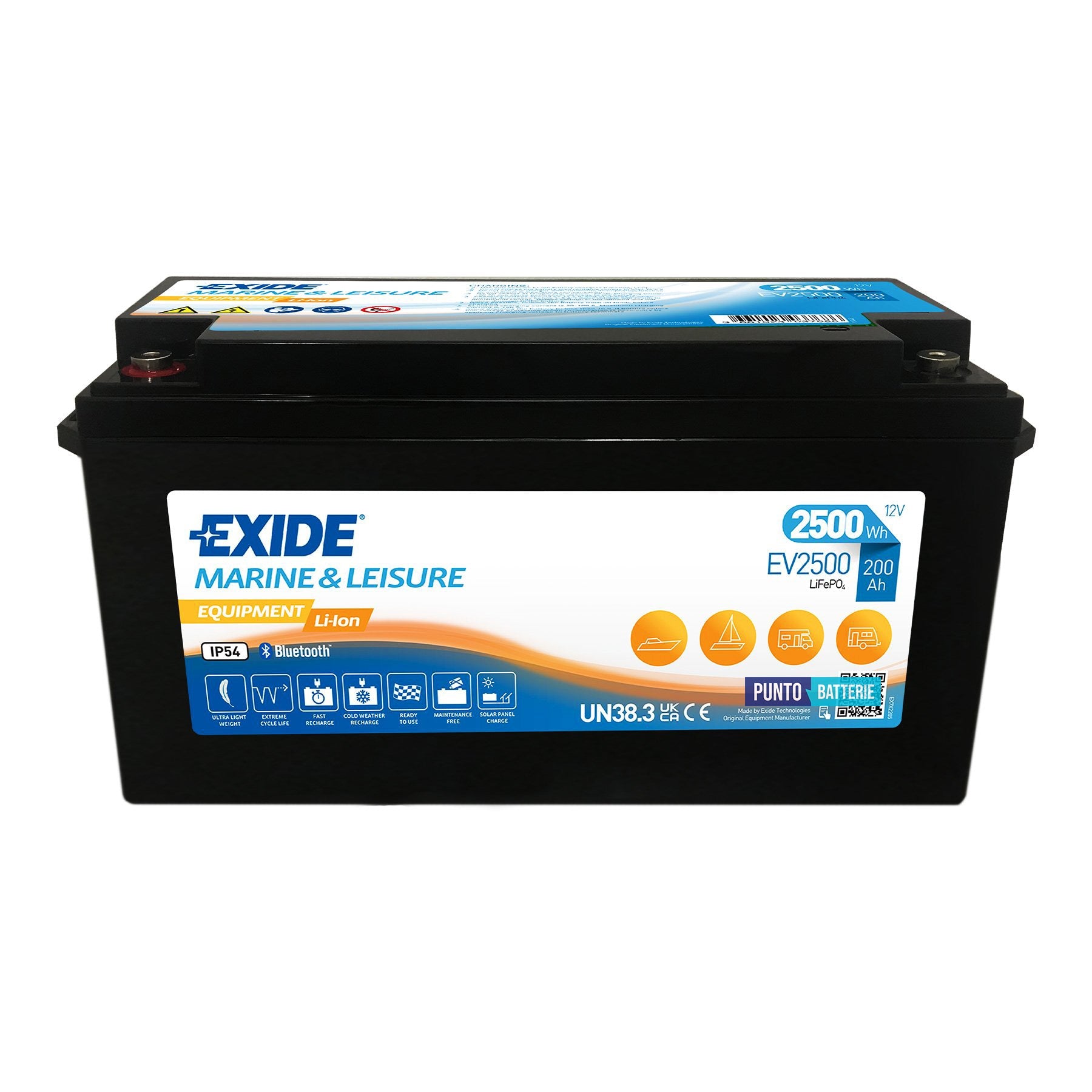 Batteria originale Exide Equipment Li-Ion EV2500, dimensioni 485 x 170 x 245, 12 volt, 200 amperora, LI-ION. Batteria per servizi di camper, barca e applicazioni a scarica lenta.