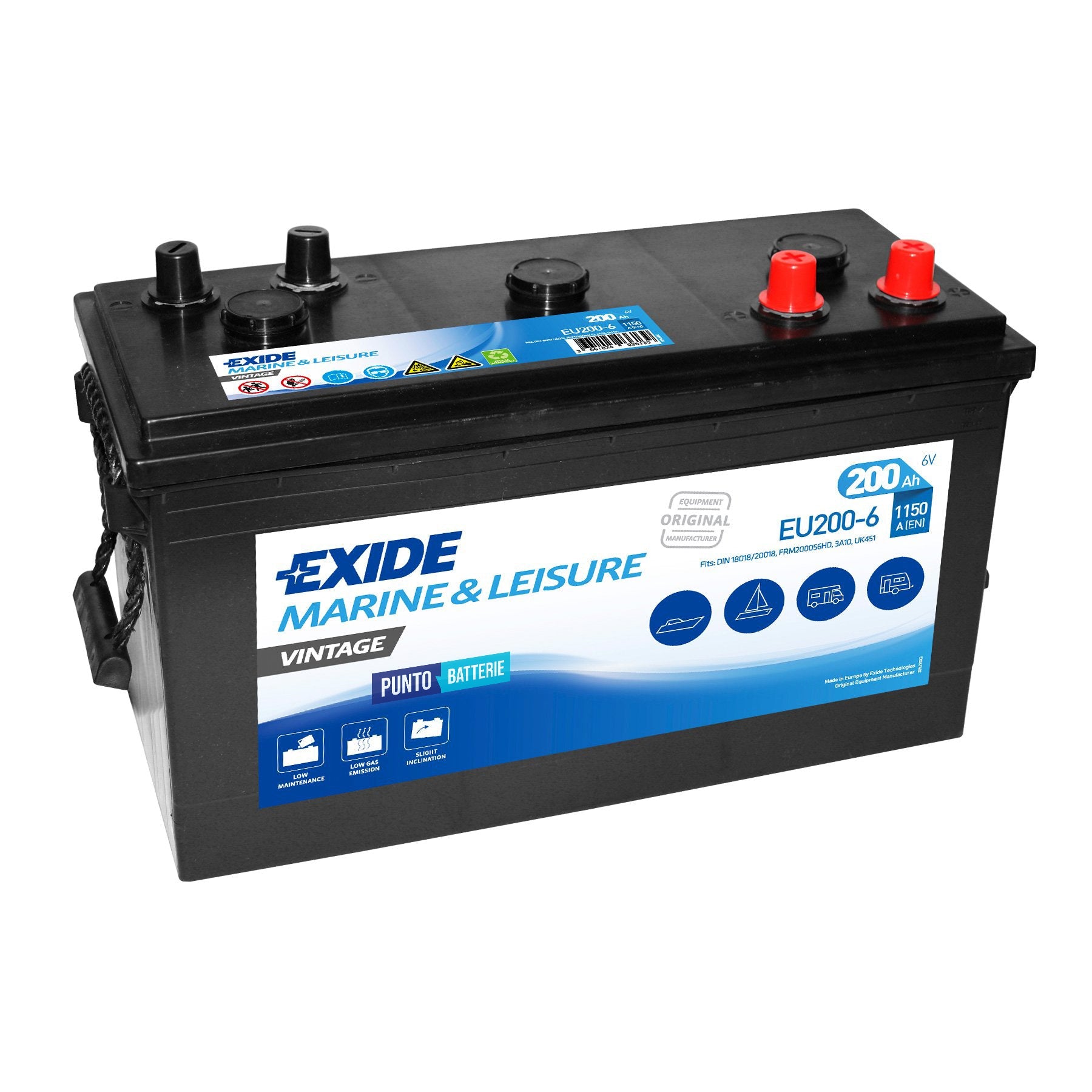 Batteria originale Exide Vintage EU200-6, dimensioni 398 x 174 x 234, 6 volt, 200 amperora, SLI. Batteria per veicoli d'epoca.