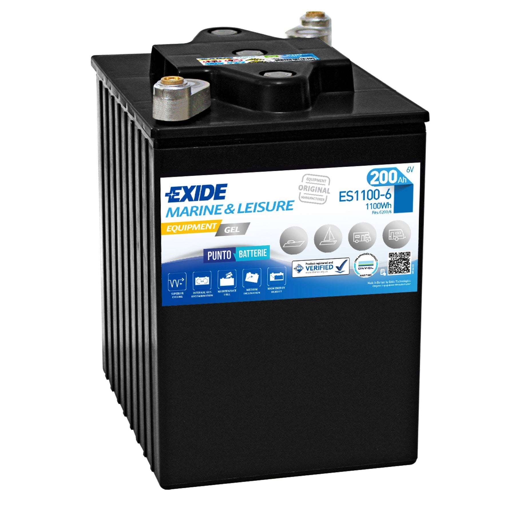 Batteria originale Exide Equipment Gel ES1100-6, dimensioni 244 x 190 x 275, 6 volt, 200 amperora, GEL. Batteria per servizi di camper, barca e applicazioni a scarica lenta.