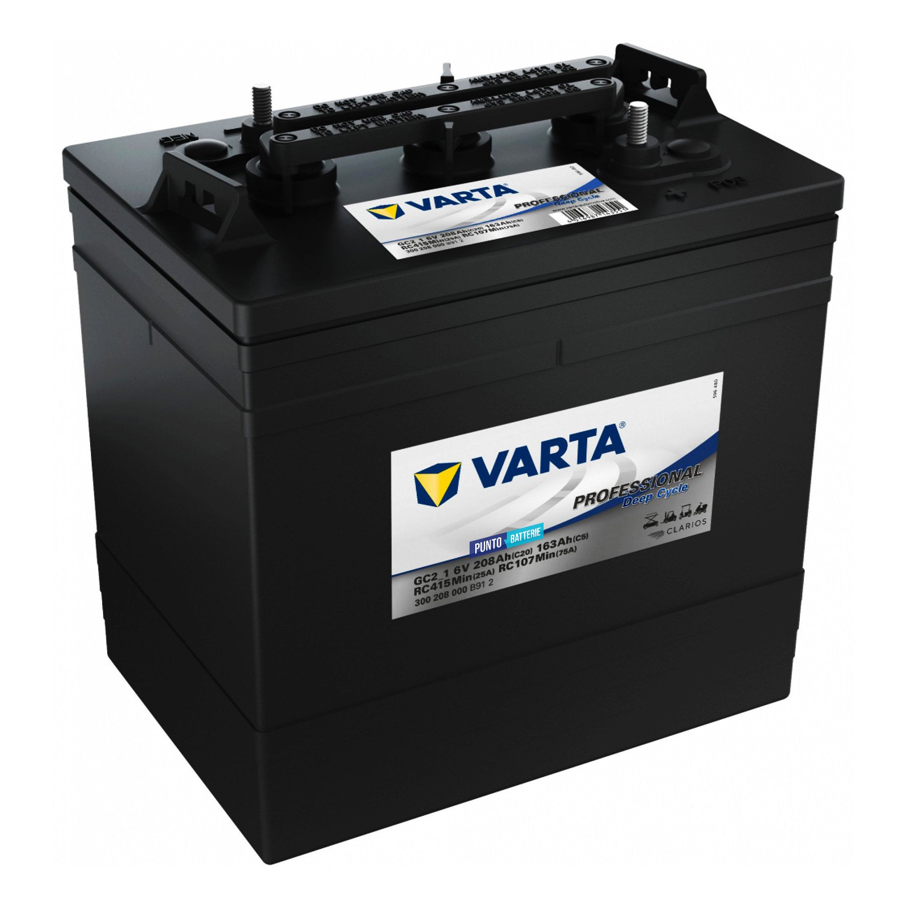 Batteria originale Varta Professional Deep Cycle GC2_1, dimensioni 261 x 181 x 283, 6 volt, 208 amperora. Batteria per servizi di camper, barca e applicazioni a scarica lenta.