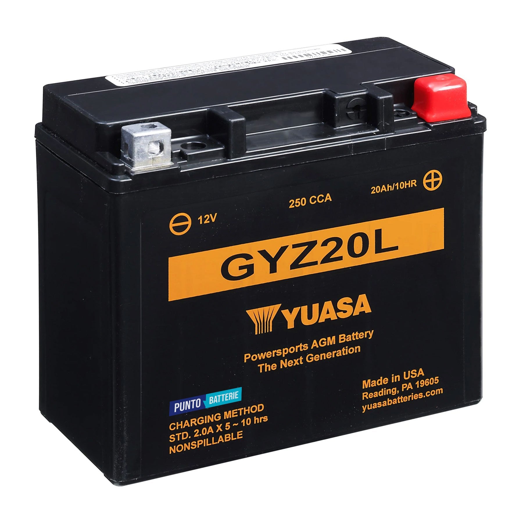 Batteria originale Yuasa GYZ GYZ20L, dimensioni 175 x 87 x 155, polo positivo a destra, 12 volt, 20 amperora, 250 ampere. Batteria per moto, scooter e powersport.