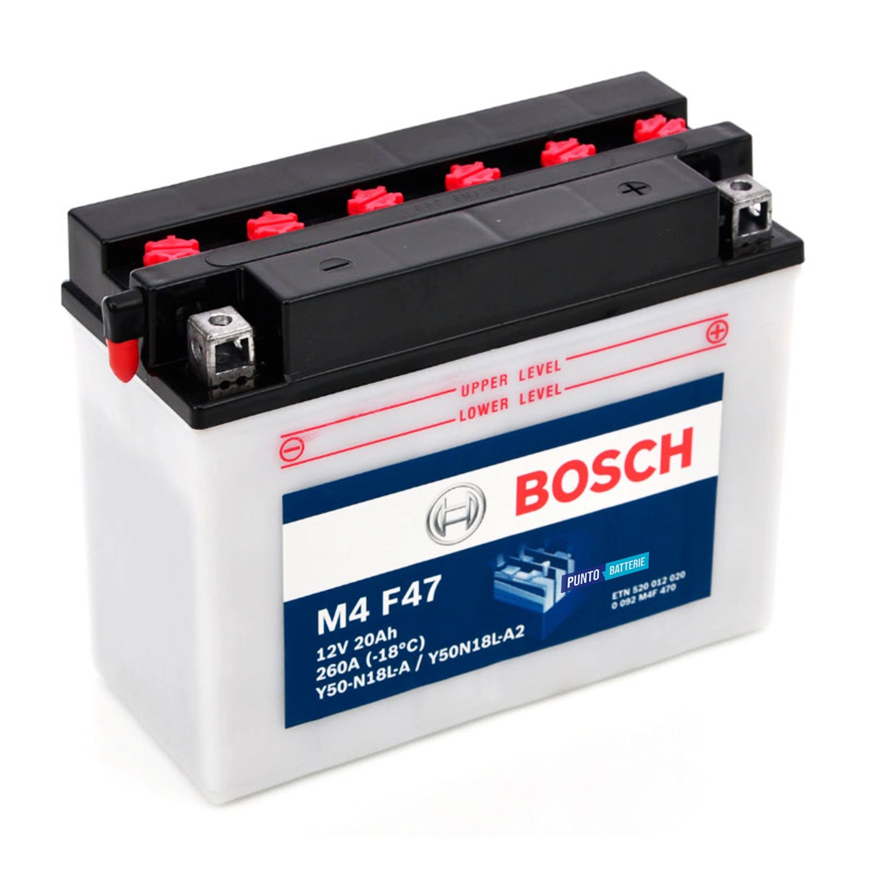 Batteria originale Bosch M4 M4F47, dimensioni 180 x 90 x 162, polo positivo a destra, 12 volt, 20 amperora, 260 ampere. Batteria per moto, scooter e powersport.