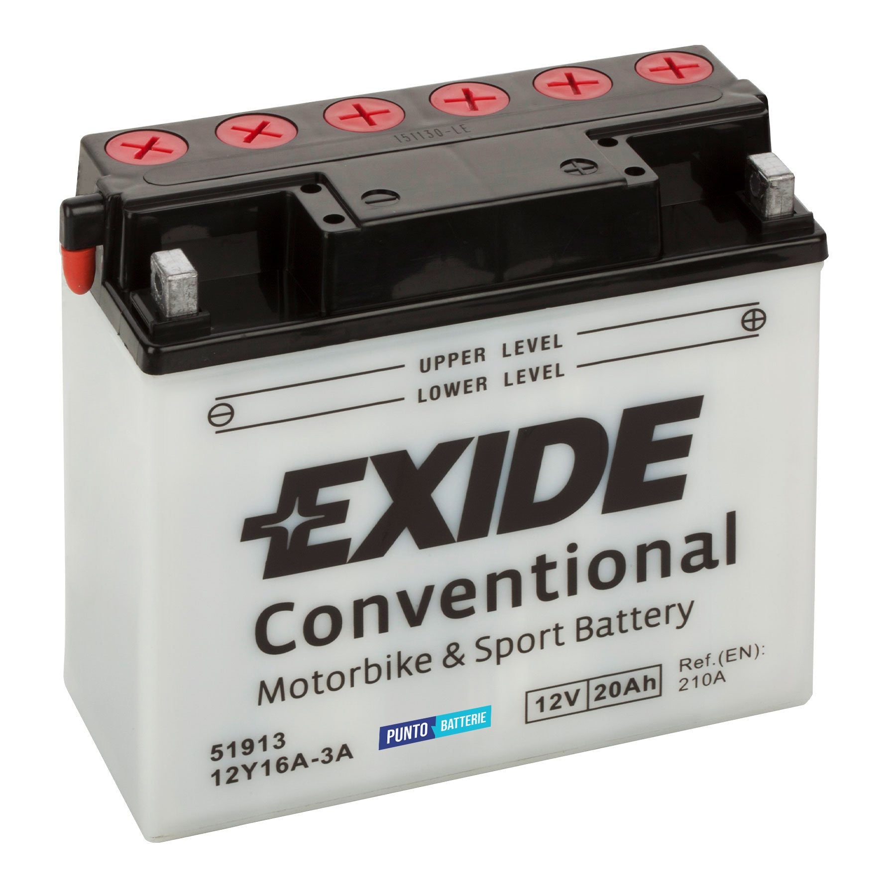 Batteria originale Exide Conventional 12Y16A-3A, dimensioni 185 x 81 x 170, polo positivo a destra, 12 volt, 20 amperora, 210 ampere. Batteria per moto, scooter e powersport.