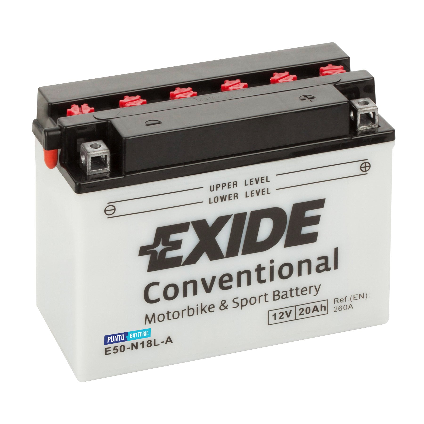 Batteria originale Exide Conventional E50-N18L-A, dimensioni 205 x 90 x 162, polo positivo a destra, 12 volt, 20 amperora, 260 ampere. Batteria per moto, scooter e powersport.