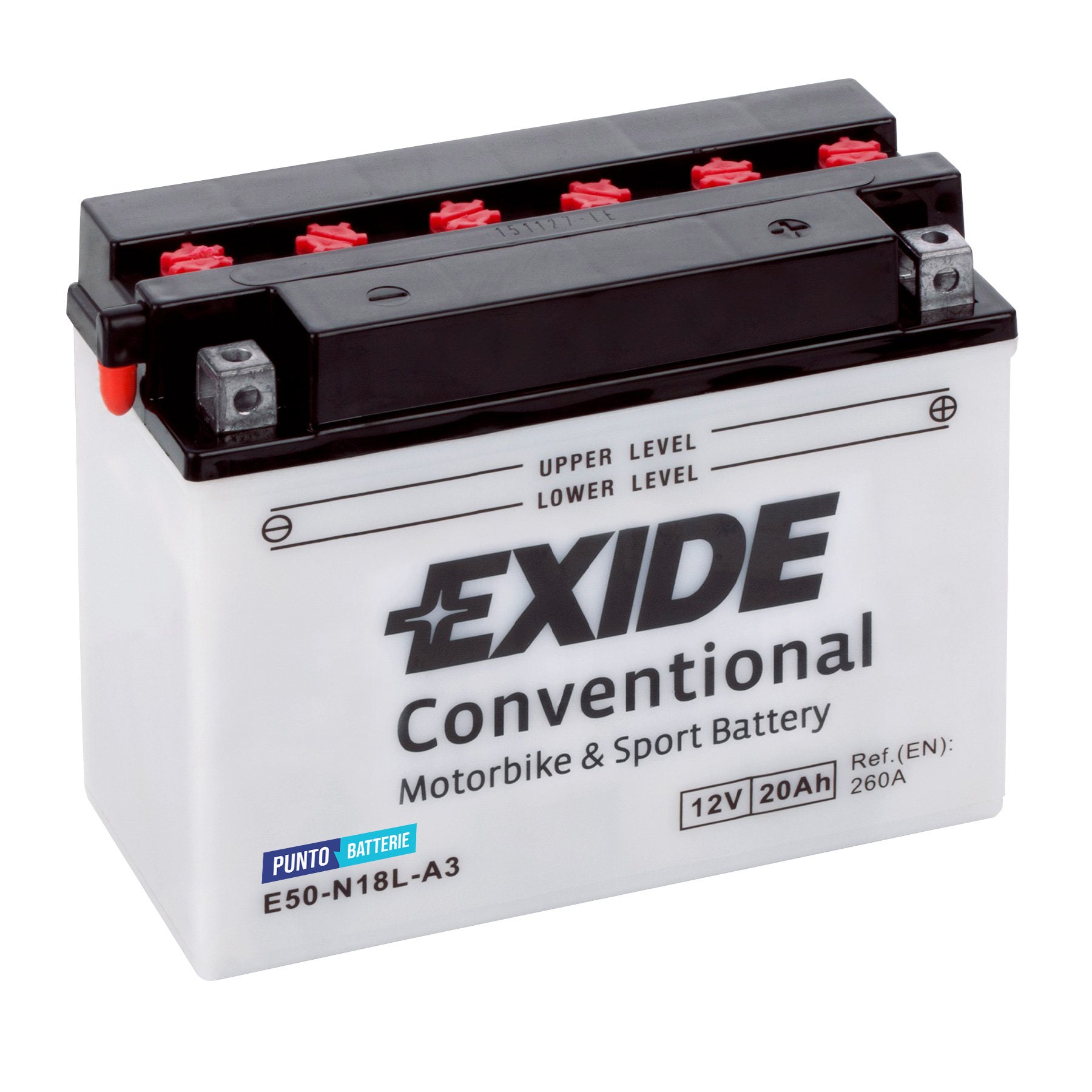 Batteria originale Exide Conventional E50-N18L-A3, dimensioni 205 x 90 x 162, polo positivo a destra, 12 volt, 20 amperora, 260 ampere. Batteria per moto, scooter e powersport.