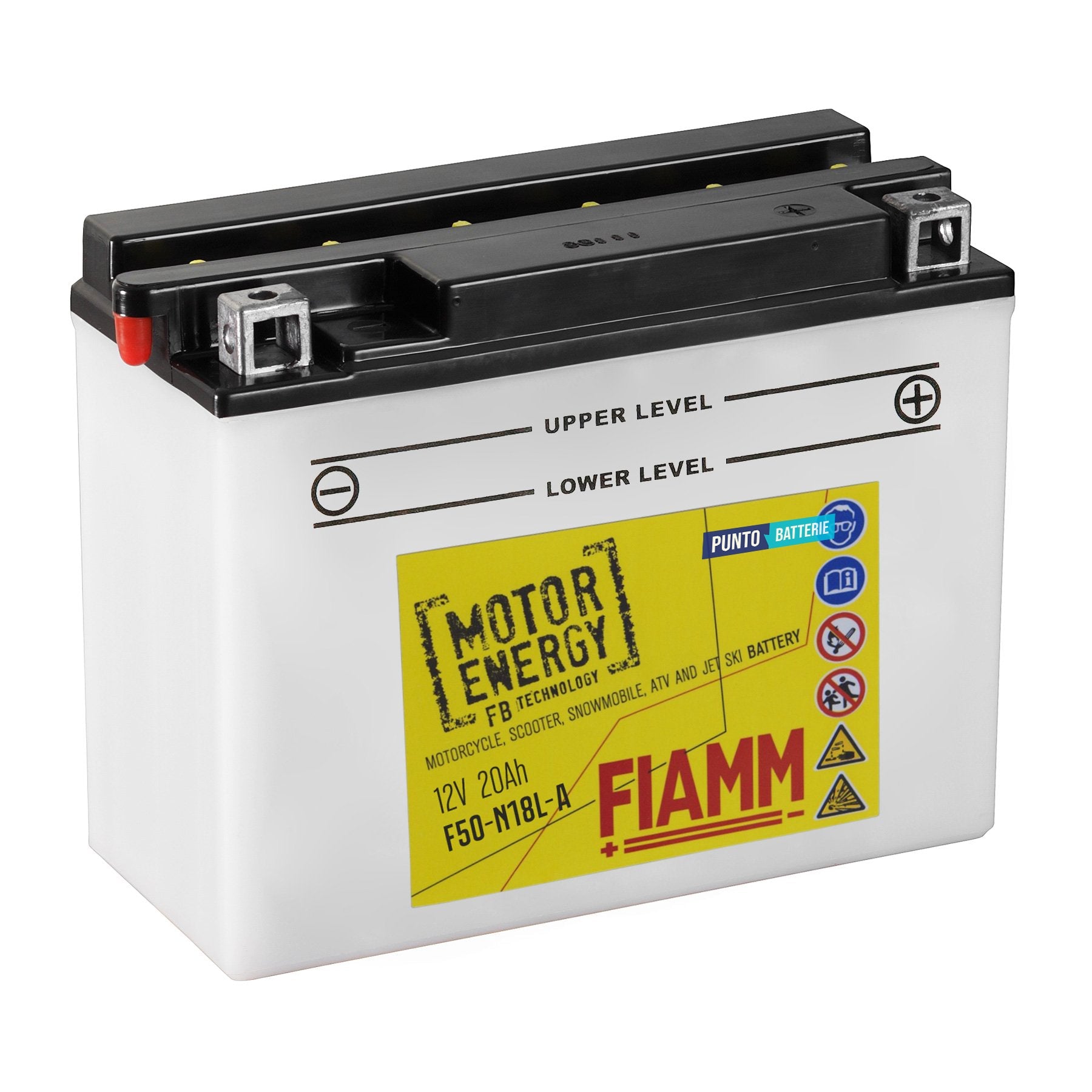 Batteria originale Fiamm Motor Energy FB F50-N18L-A, dimensioni 205 x 90 x 162, polo positivo a destra, 12 volt, 20 amperora, 260 ampere. Batteria per moto, scooter e powersport.