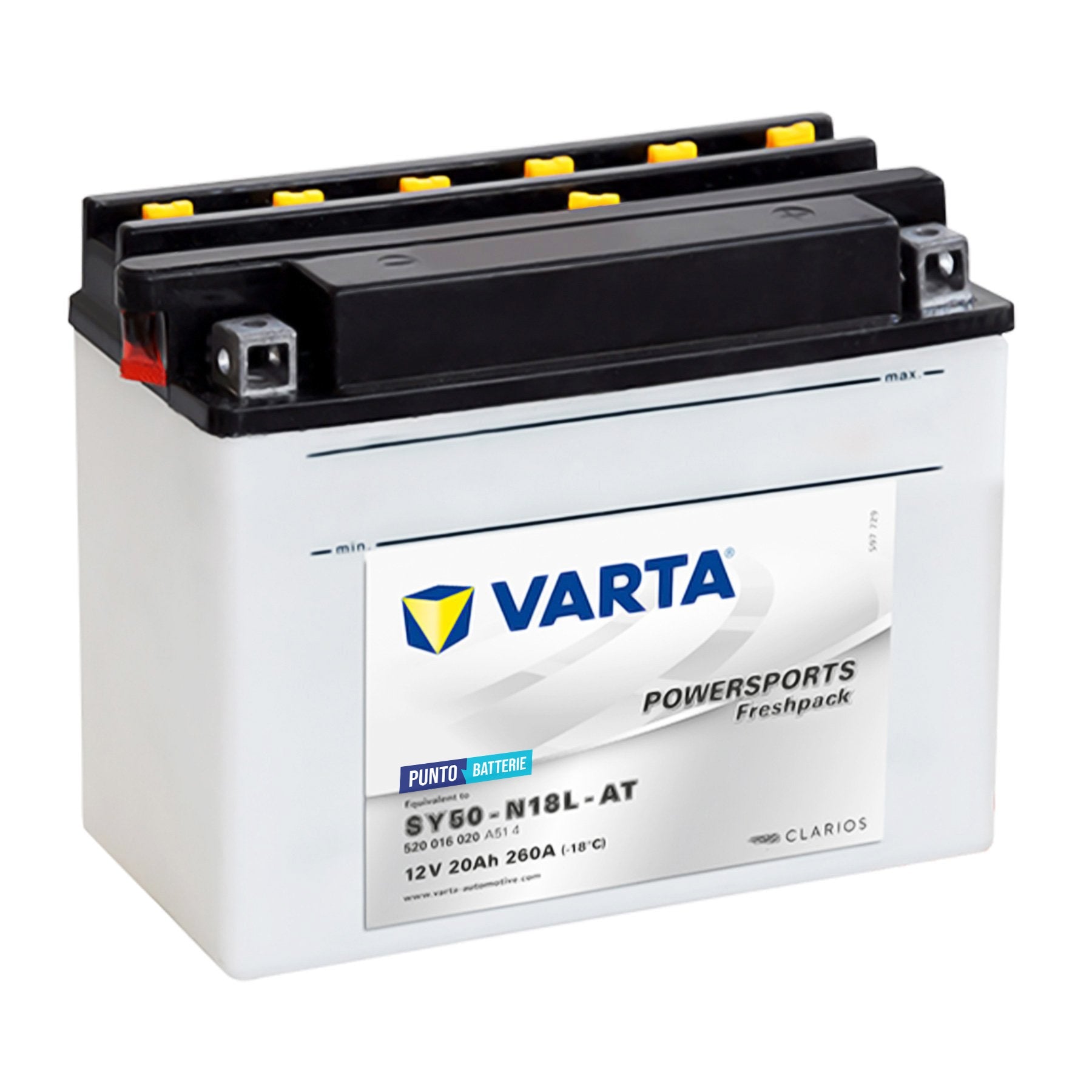 Batteria originale Varta Powersport Freshpack SY50-N18L-AT, dimensioni 205 x 90 x 162, polo positivo a destra, 12 volt, 20 amperora, 260 ampere. Batteria per moto, scooter e powersport.