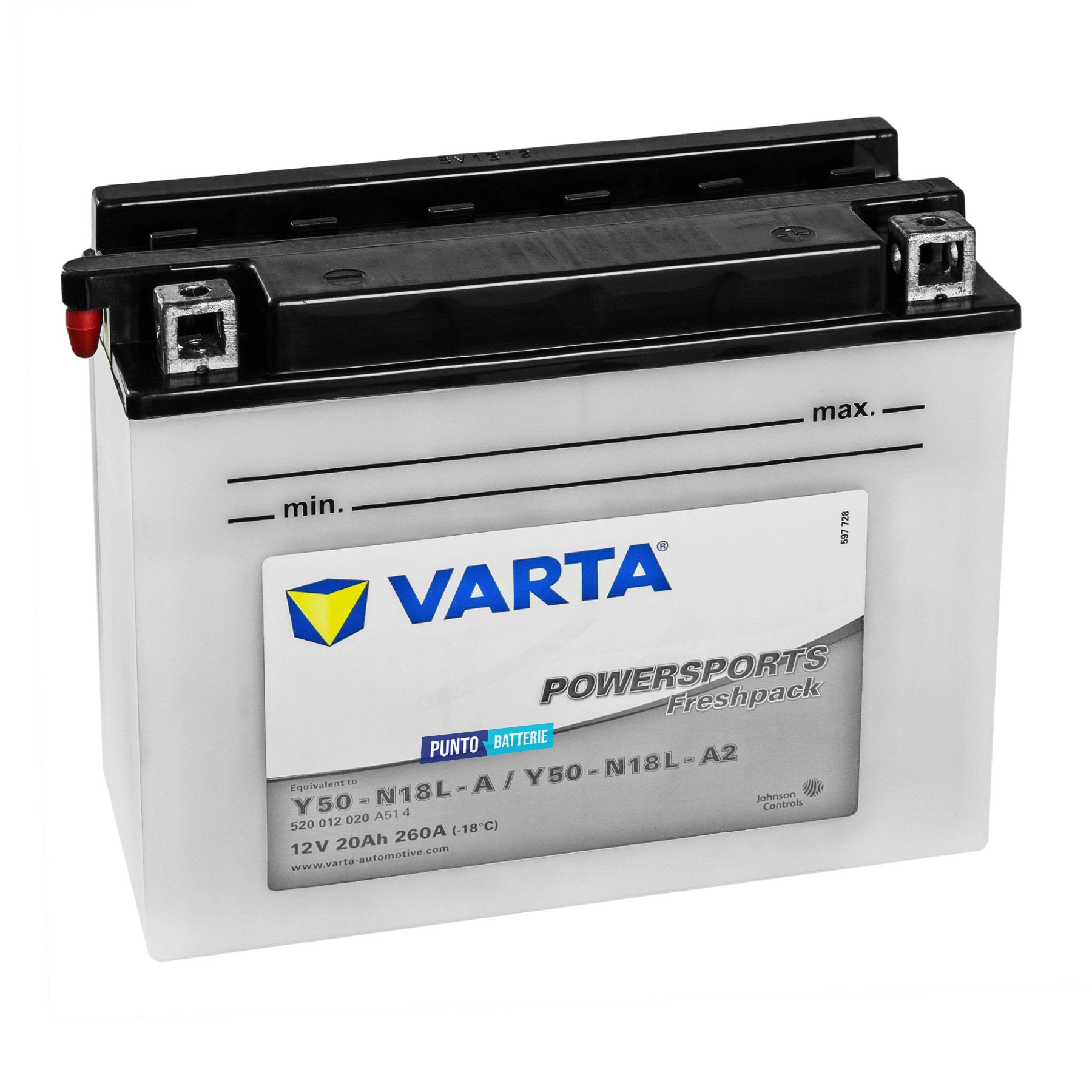 Batteria originale Varta Powersport Freshpack Y50-N18L-A, dimensioni 205 x 90 x 162, polo positivo a destra, 12 volt, 20 amperora, 260 ampere. Batteria per moto, scooter e powersport.