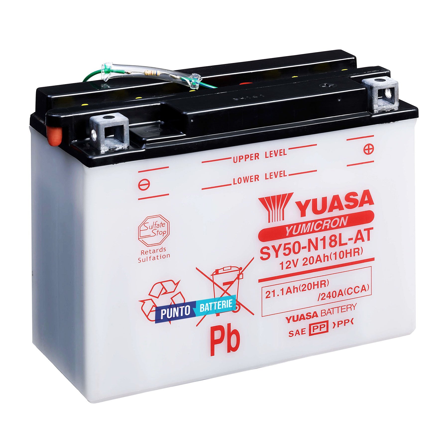 Batteria originale Yuasa YuMicron SY50-N18L-AT, dimensioni 205 x 90 x 162, polo positivo a destra, 12 volt, 20 amperora, 240 ampere. Batteria per moto, scooter e powersport.