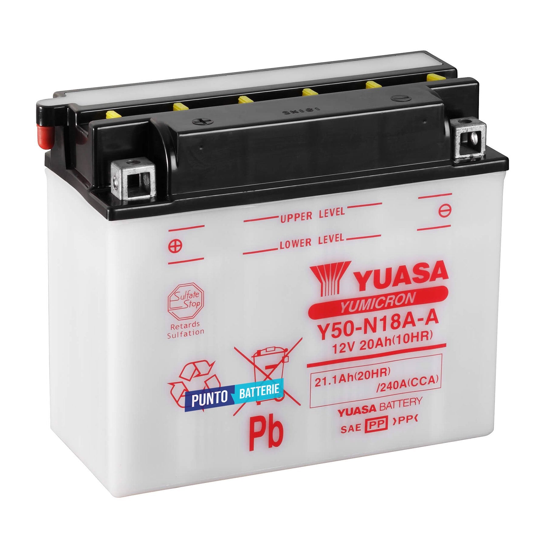 Batteria originale Yuasa YuMicron Y50-N18A-A, dimensioni 205 x 90 x 176, polo positivo a sinistra, 12 volt, 20 amperora, 240 ampere. Batteria per moto, scooter e powersport.