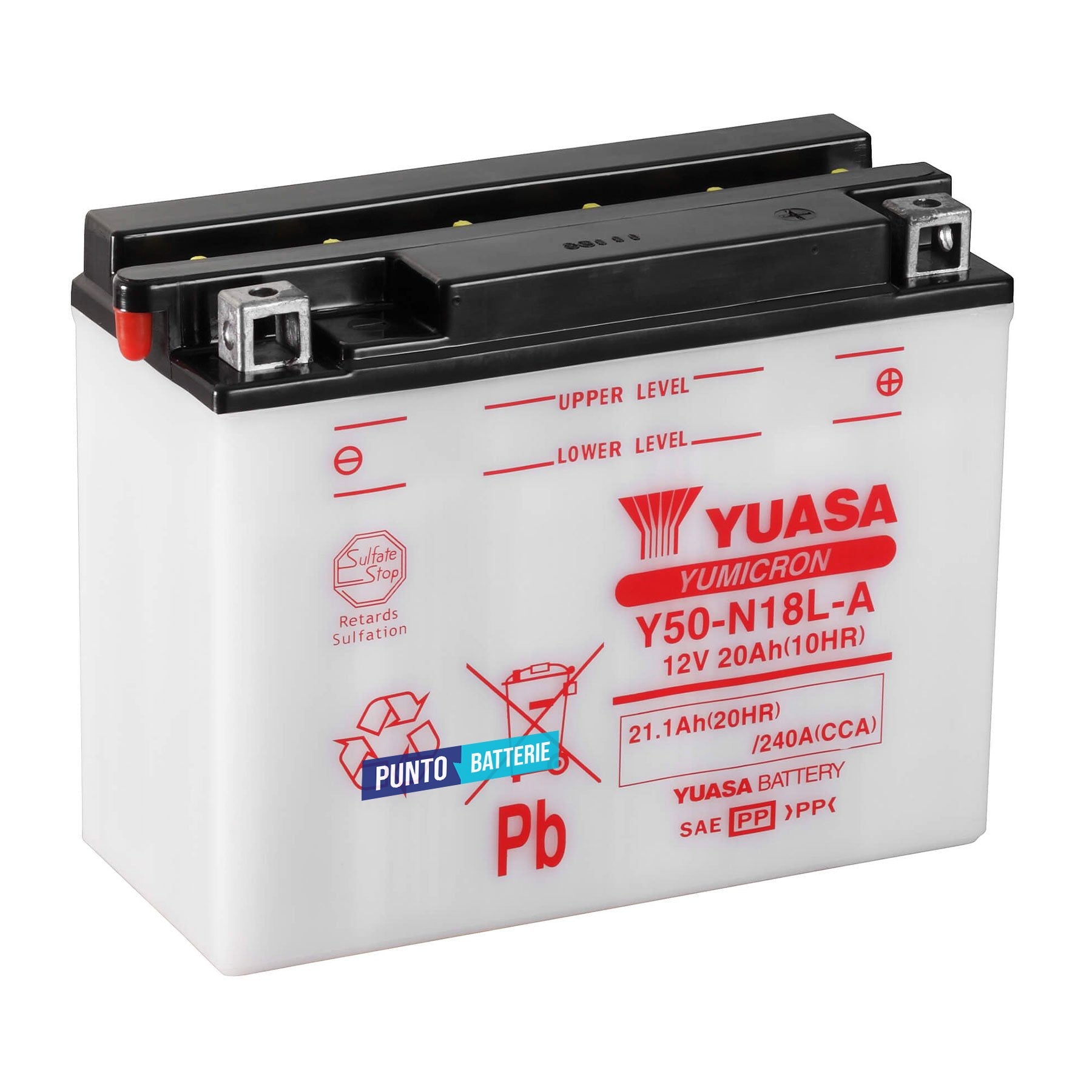 Batteria originale Yuasa YuMicron Y50-N18L-A, dimensioni 205 x 90 x 162, polo positivo a destra, 12 volt, 20 amperora, 240 ampere. Batteria per moto, scooter e powersport.