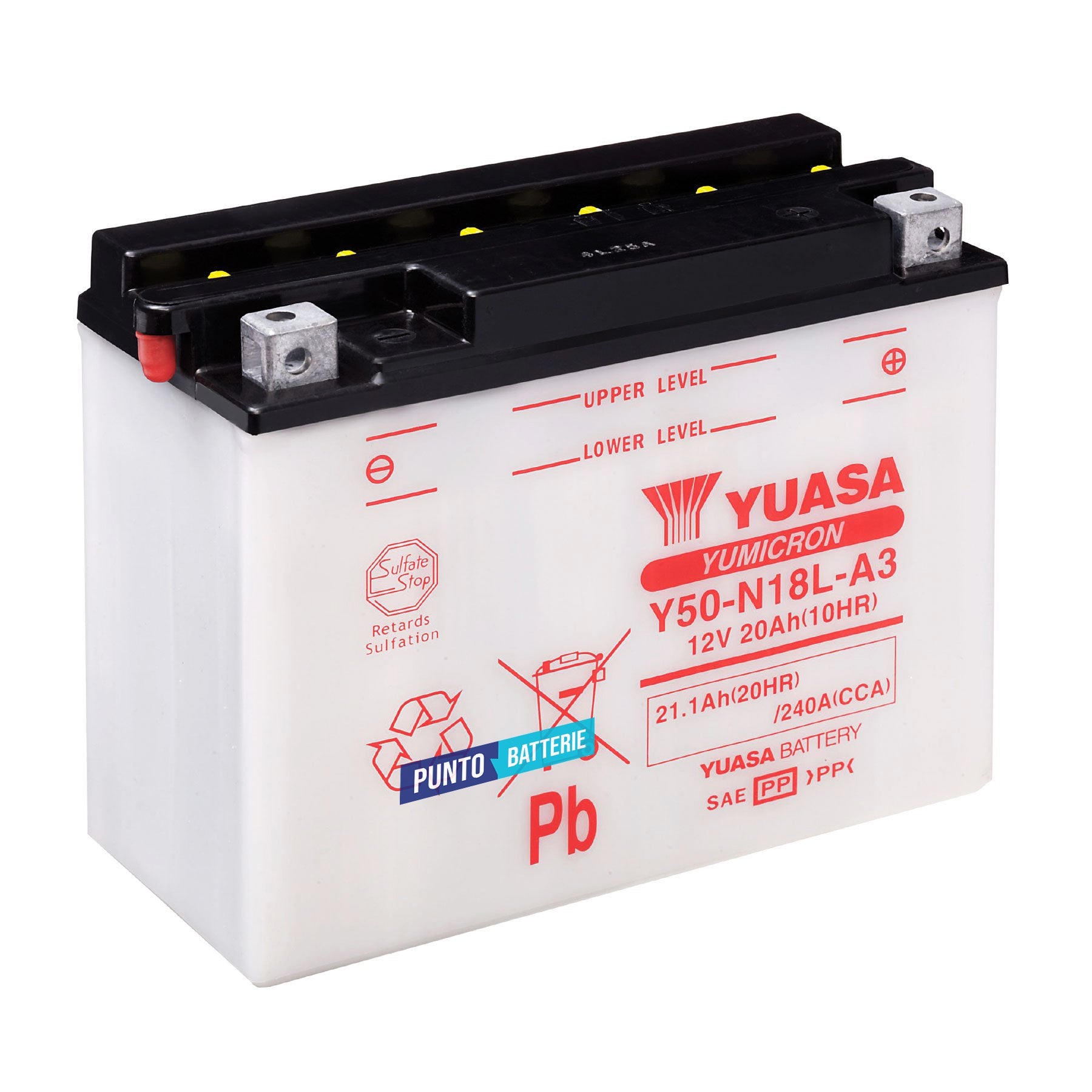 Batteria originale Yuasa YuMicron Y50-N18L-A3, dimensioni 205 x 90 x 162, polo positivo a destra, 12 volt, 20 amperora, 240 ampere. Batteria per moto, scooter e powersport.