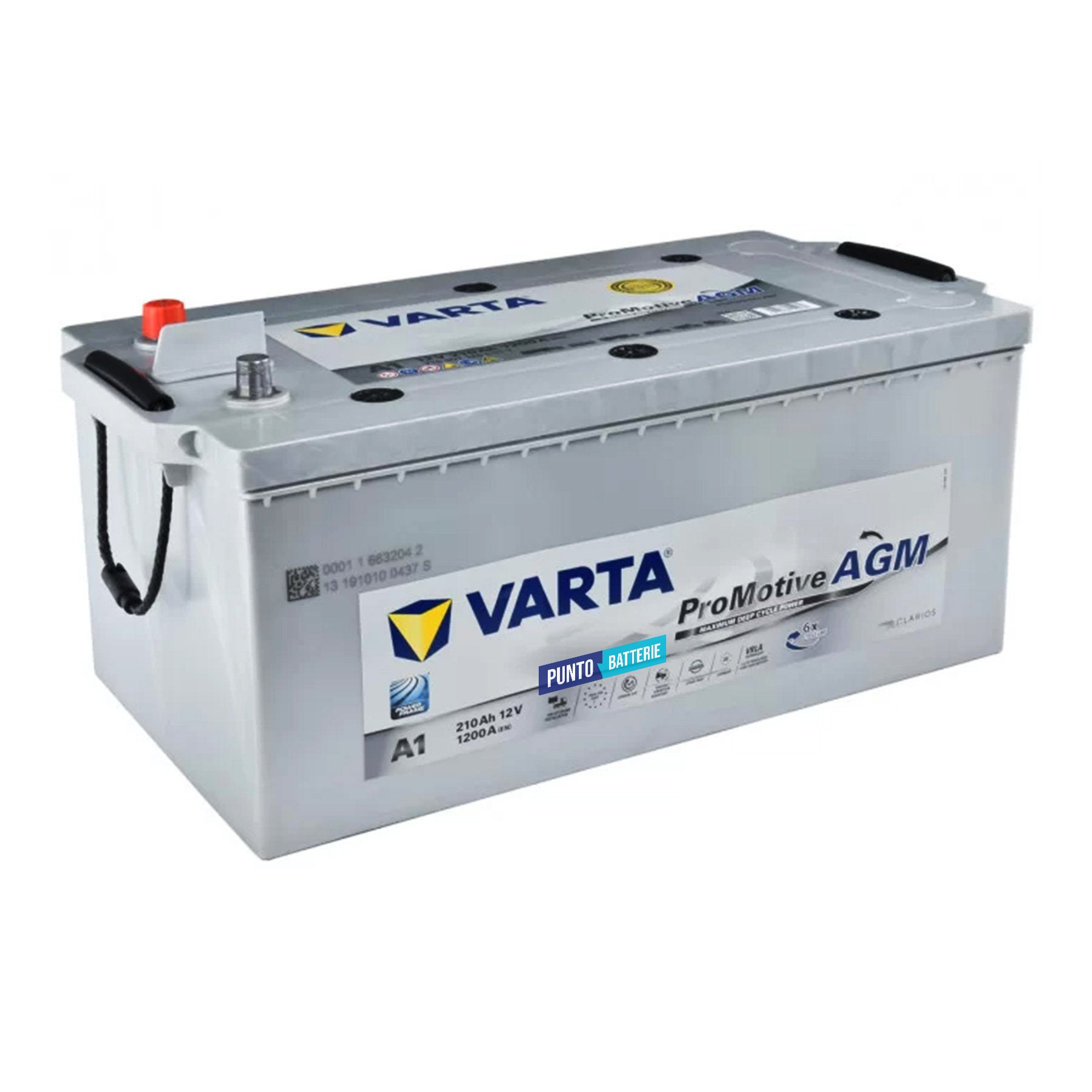 Batteria originale Varta Promotive AGM A1, dimensioni 518 x 276 x 242, polo positivo a sinistra, 12 volt, 210 amperora, 1200 ampere, AGM. Batteria per camion e veicoli pesanti.