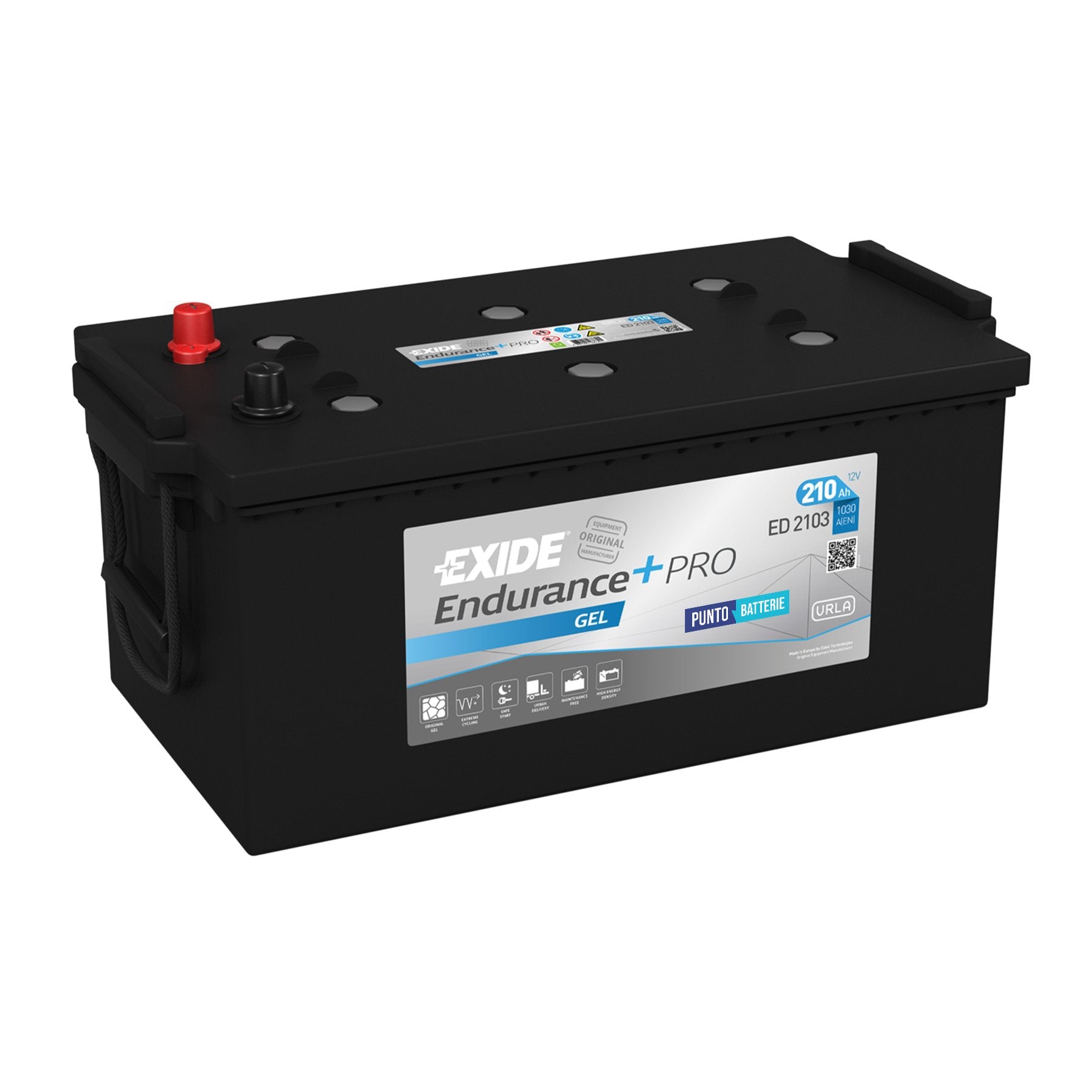 Batteria originale Exide Endurance + PRO GEL ED2103, dimensioni 518 x 274 x 240, polo positivo a sinistra, 12 volt, 210 amperora, 1050 ampere, GEL. Batteria per camion e veicoli pesanti.
