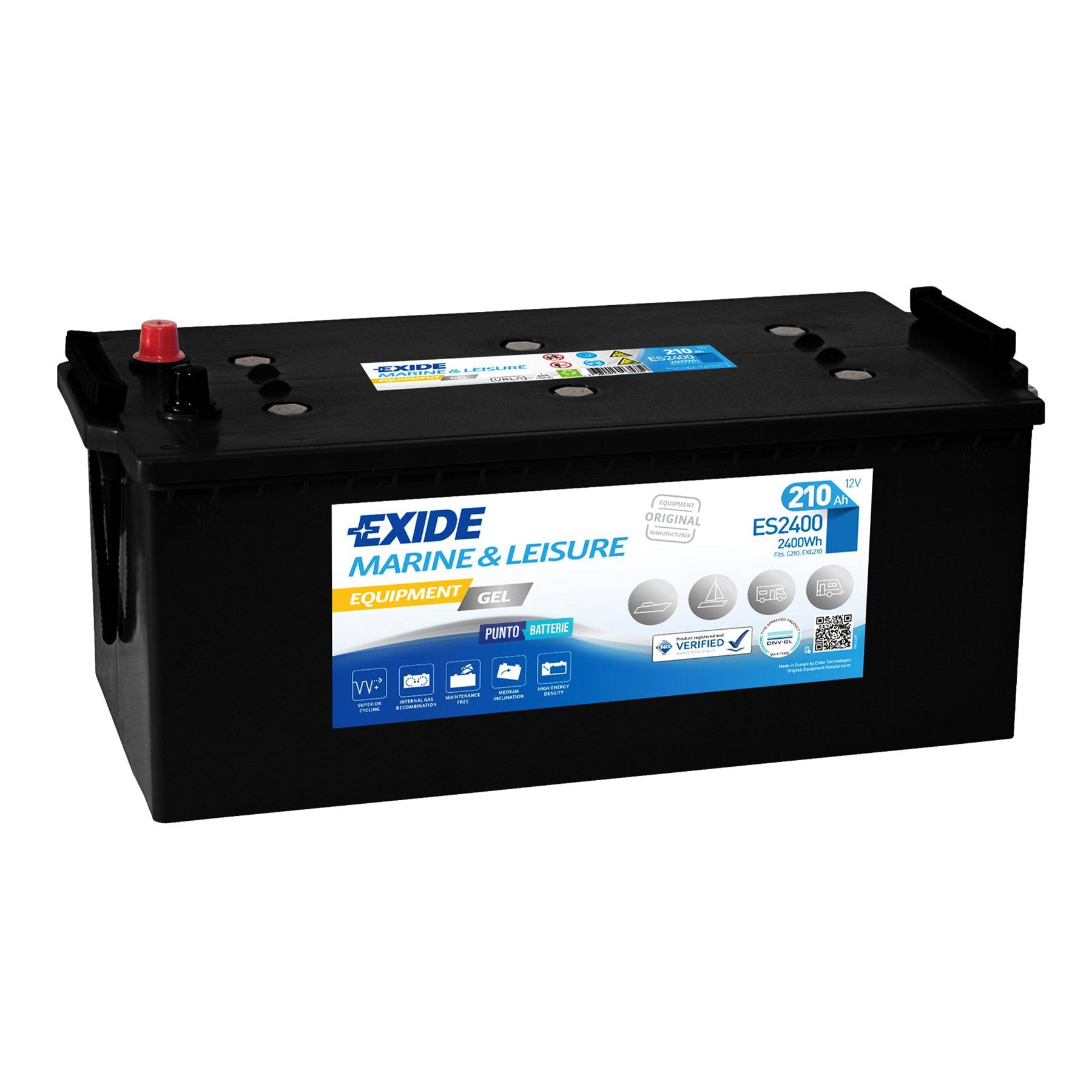 Batteria originale Exide Equipment Gel ES2400, dimensioni 518 x 274 x 240, 12 volt, 210 amperora, GEL. Batteria per servizi di camper, barca e applicazioni a scarica lenta.