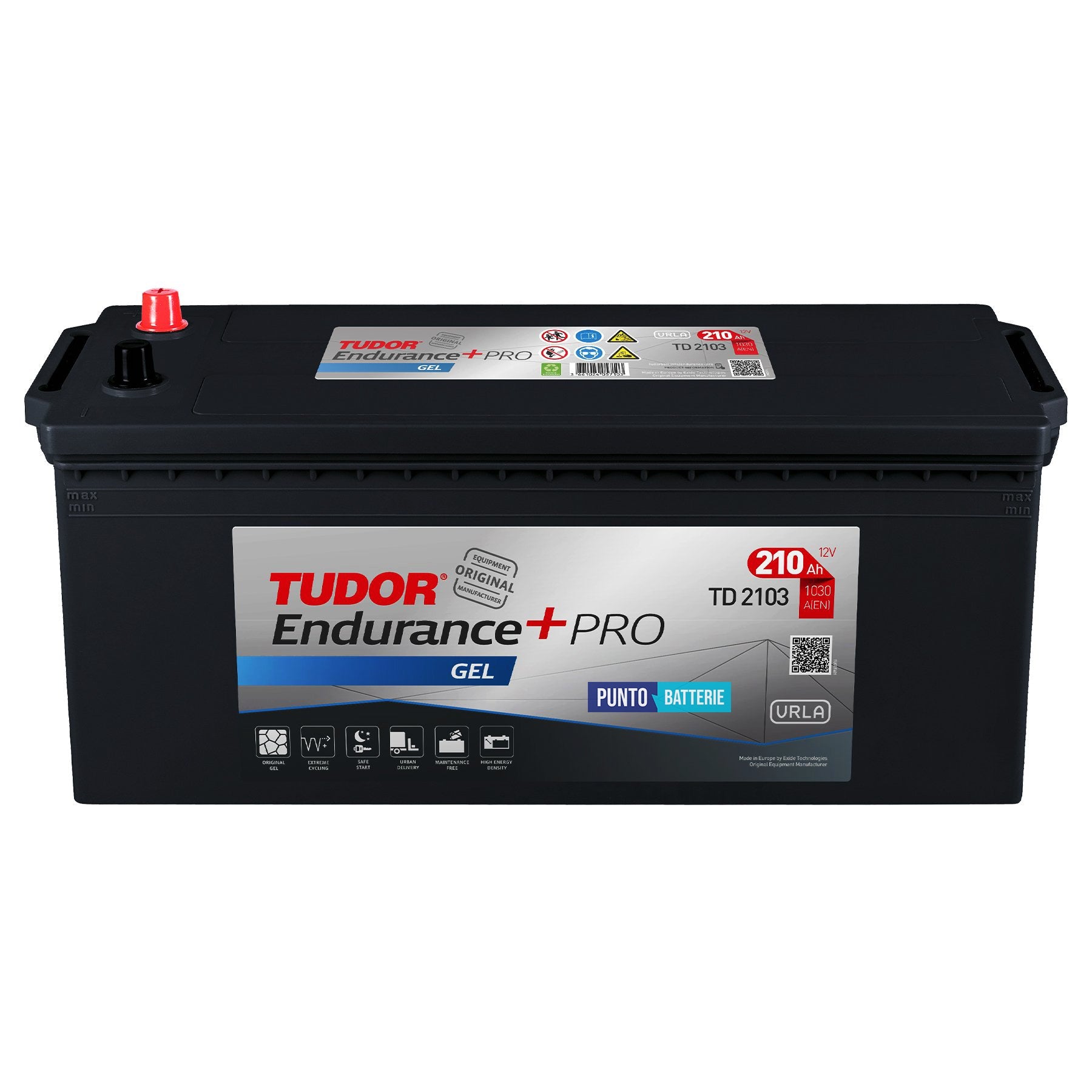 Batteria originale Tudor Endurance + PRO GEL TD2103, dimensioni 518 x 274 x 240, polo positivo a sinistra, 12 volt, 210 amperora, 1050 ampere, GEL. Batteria per camion e veicoli pesanti.