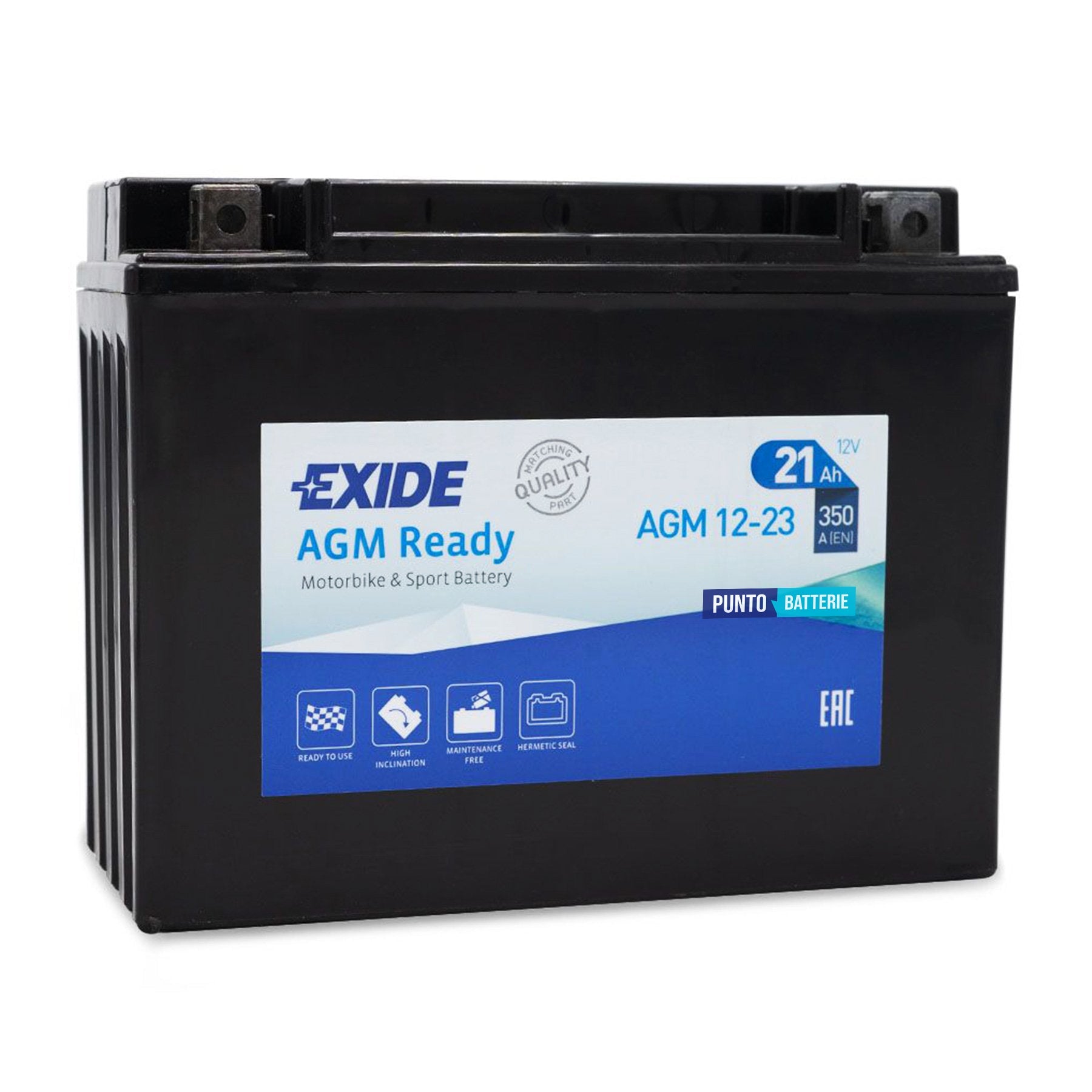 Batteria originale Exide AGM Ready AGM12-23, dimensioni 205 x 86 x 162, polo positivo a destra, 12 volt, 21 amperora, 350 ampere. Batteria per moto, scooter e powersport.