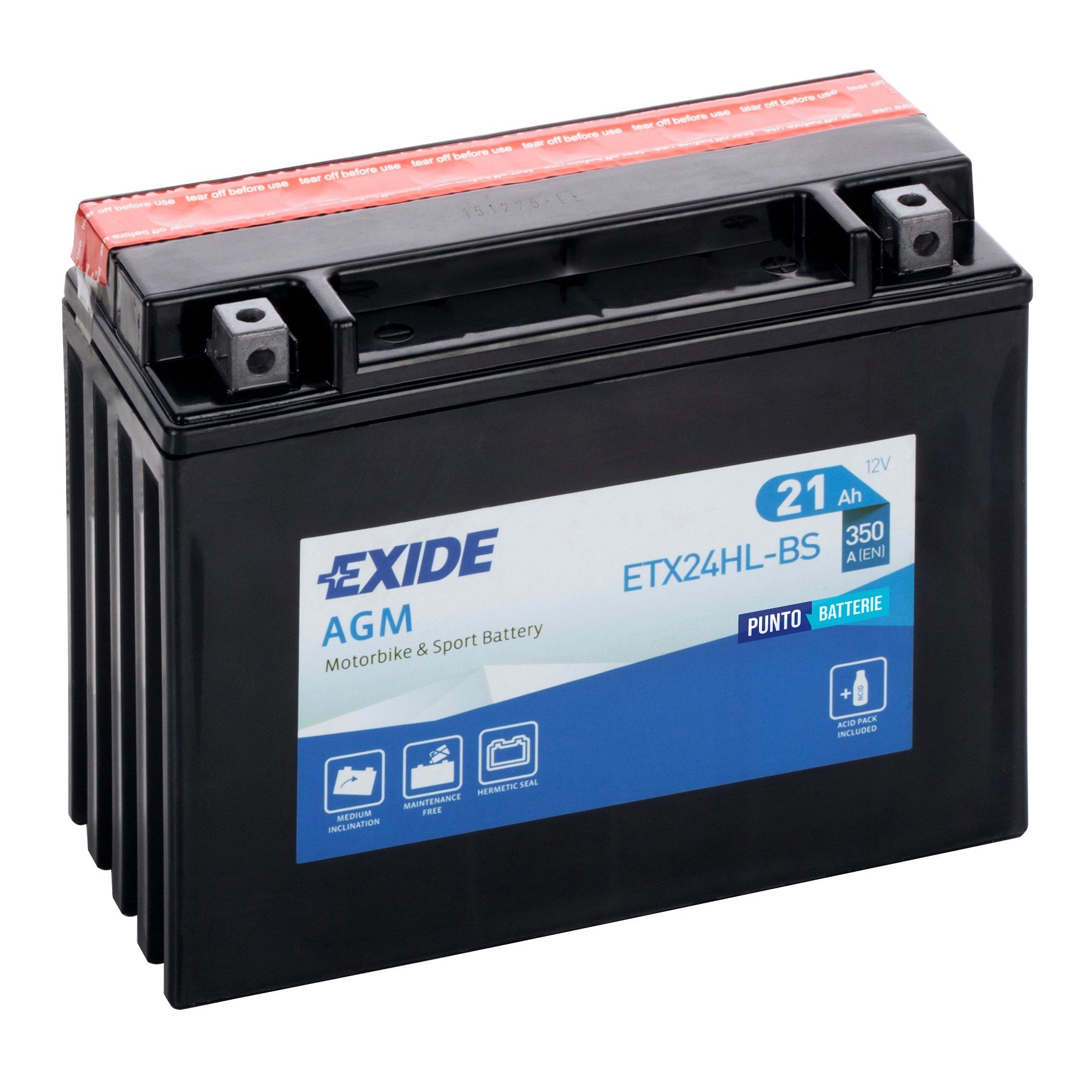 Batteria originale Exide AGM ETX24HL-BS, dimensioni 205 x 87 x 162, polo positivo a destra, 12 volt, 21 amperora, 350 ampere. Batteria per moto, scooter e powersport.
