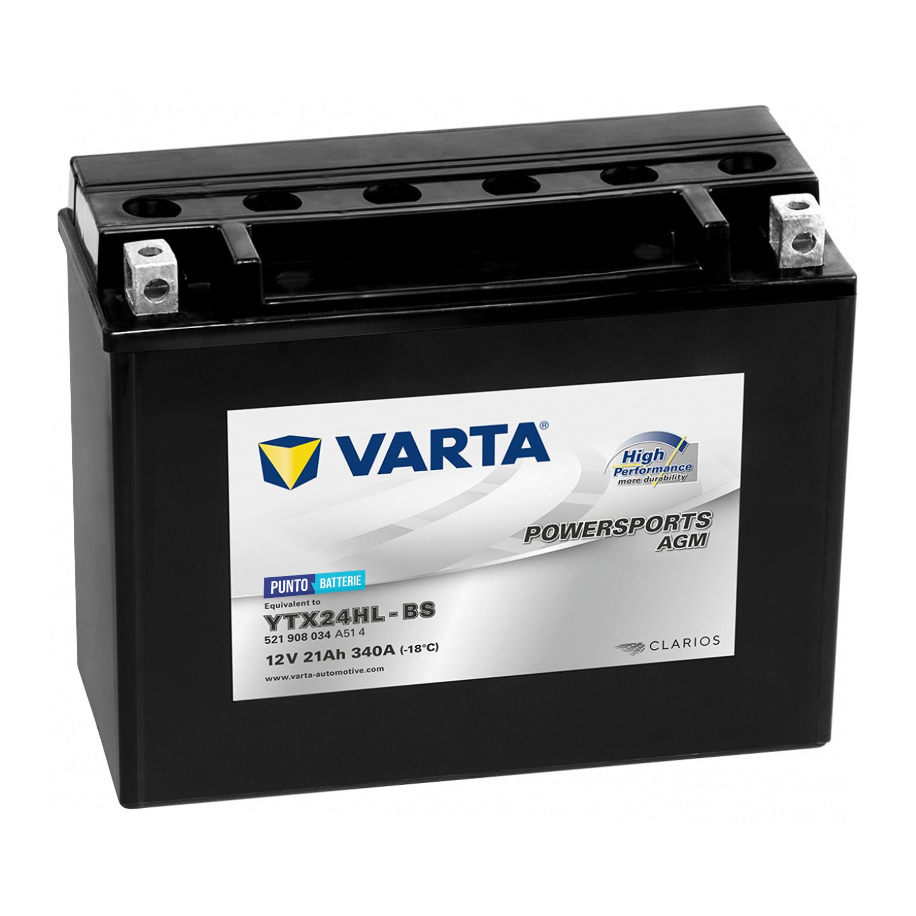 Batteria originale Varta Powersport AGM High Performance YTX24HL-BS, dimensioni 166 x 127 x 175, polo positivo a destra, 12 volt, 21 amperora, 340 ampere. Batteria per moto, scooter e powersport.