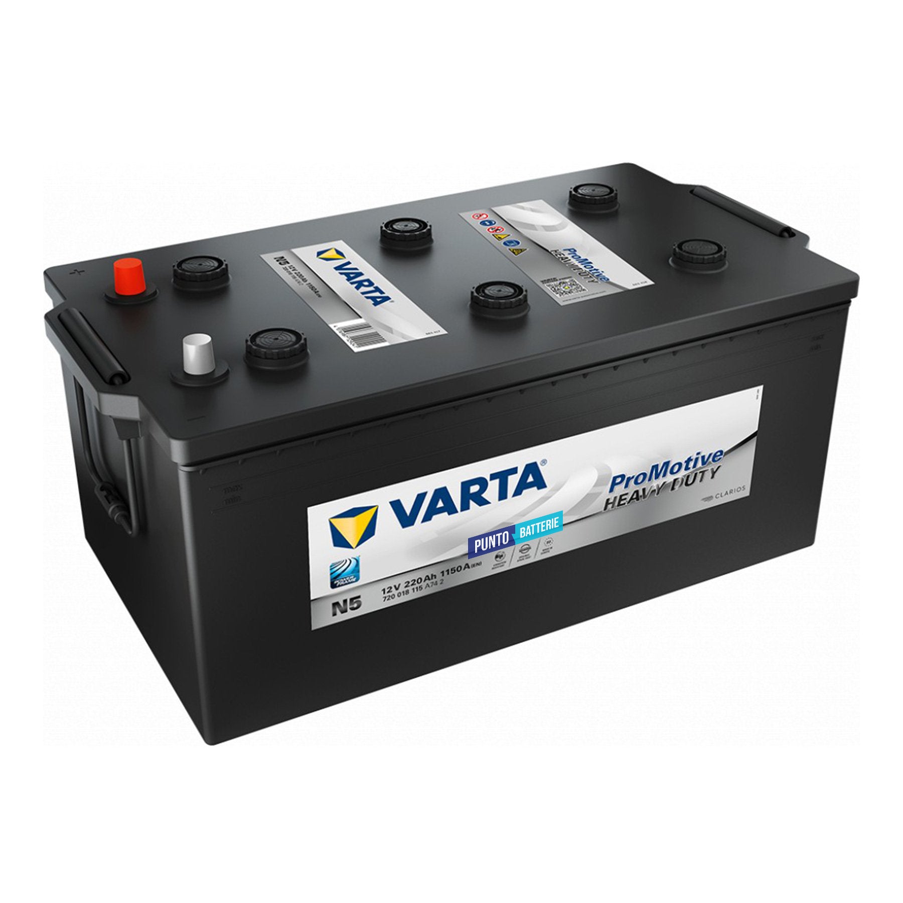 Batteria originale Varta Promotive Heavy Duty N5, dimensioni 518 x 276 x 242, polo positivo a sinistra, 12 volt, 220 amperora, 1150 ampere. Batteria per camion e veicoli pesanti.