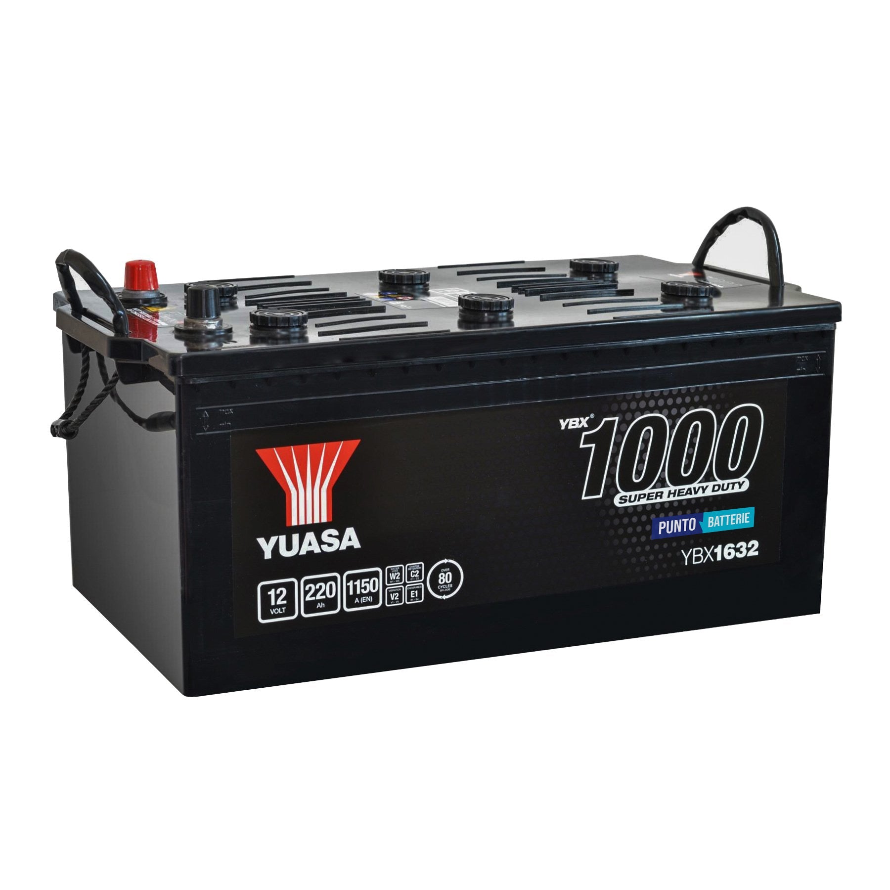 Batteria originale Yuasa YBX1000 YBX1632, dimensioni 513 x 274 x 242, polo positivo a sinistra, 12 volt, 220 amperora, 1150 ampere. Batteria per camion e veicoli pesanti.