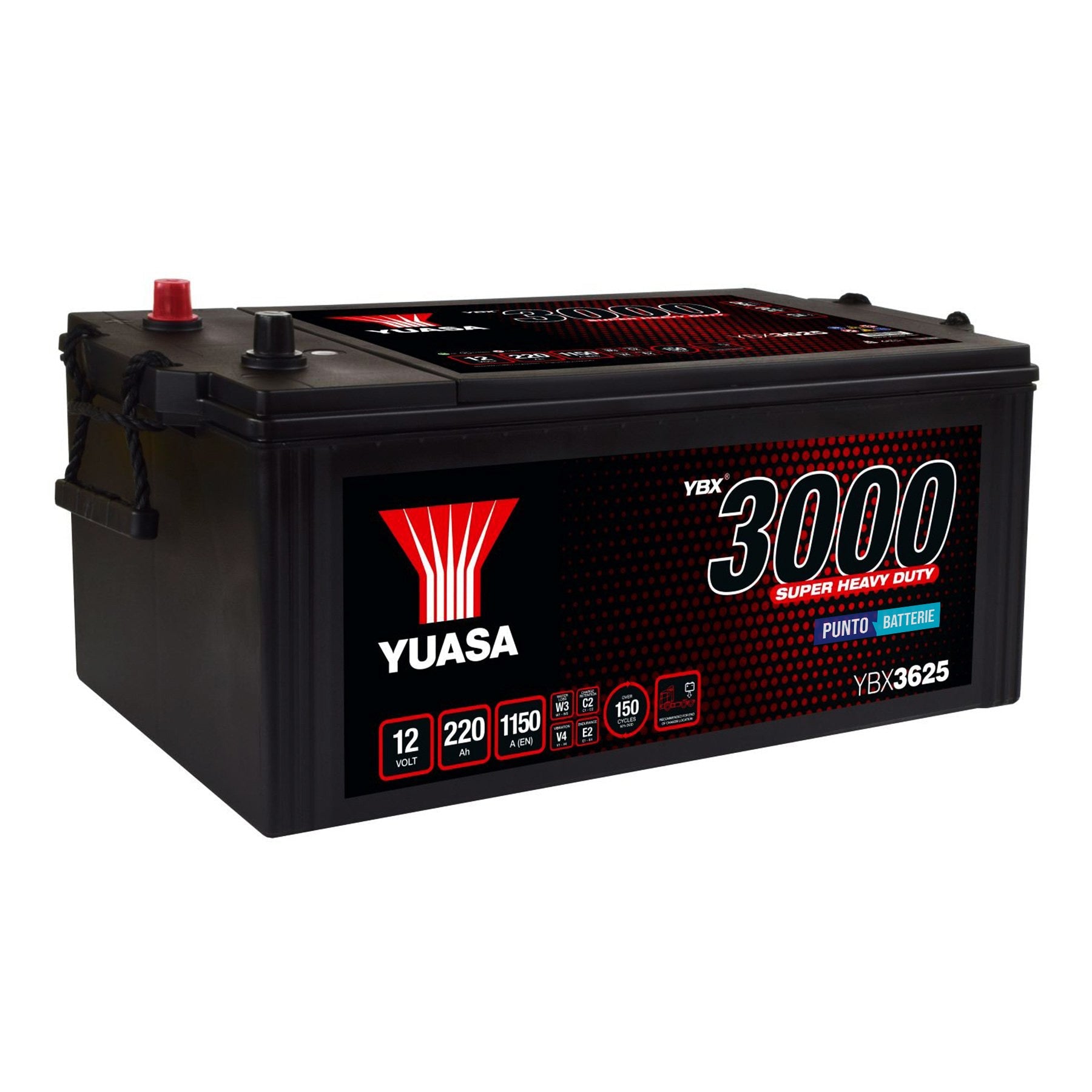 Batteria originale Yuasa YBX3000 YBX3625, dimensioni 516 x 274 x 236, polo positivo a sinistra, 12 volt, 220 amperora, 1150 ampere. Batteria per camion e veicoli pesanti.