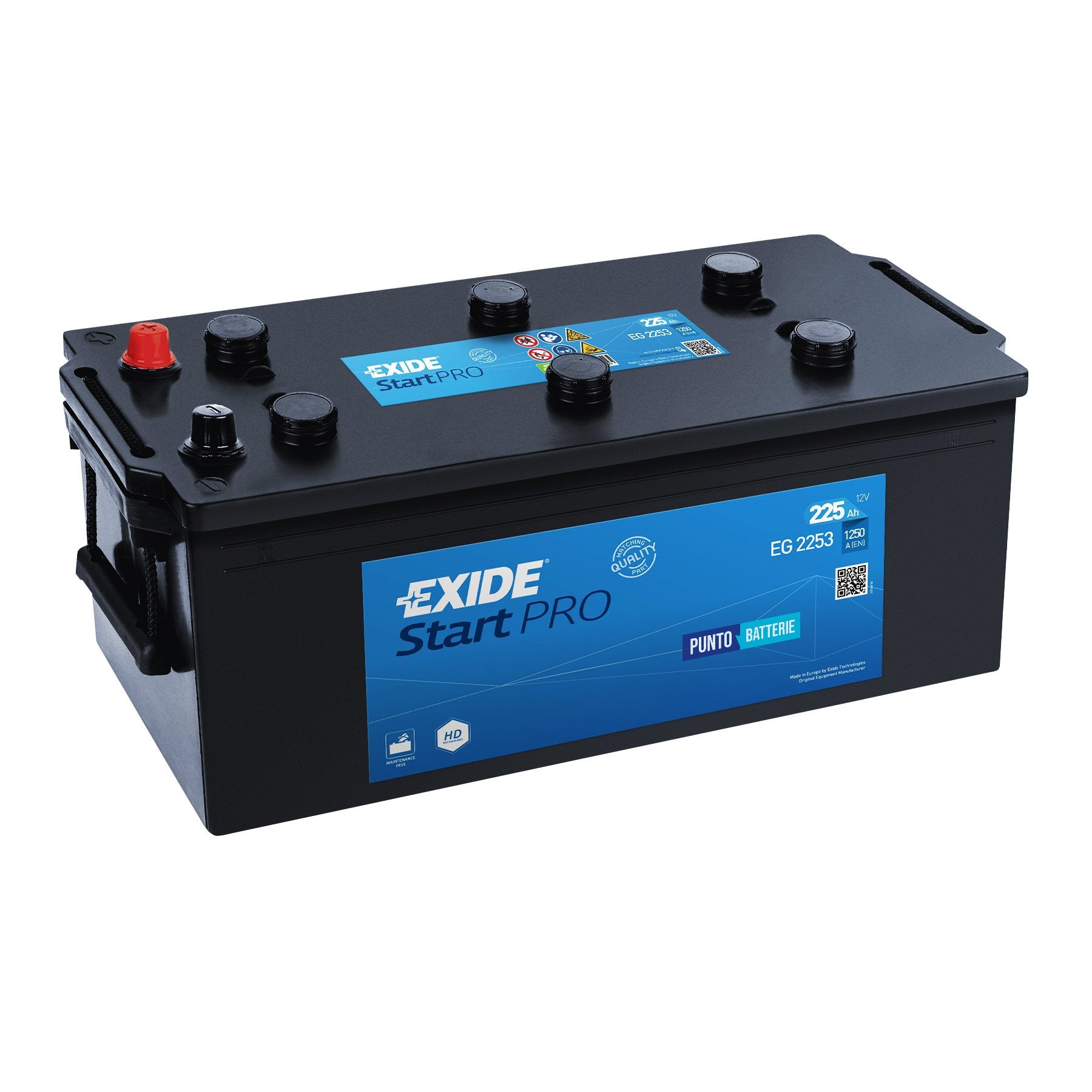 Batteria originale Exide Start PRO EG2253, dimensioni 518 x 274 x 240, polo positivo a sinistra, 12 volt, 225 amperora, 1200 ampere. Batteria per camion e veicoli pesanti.