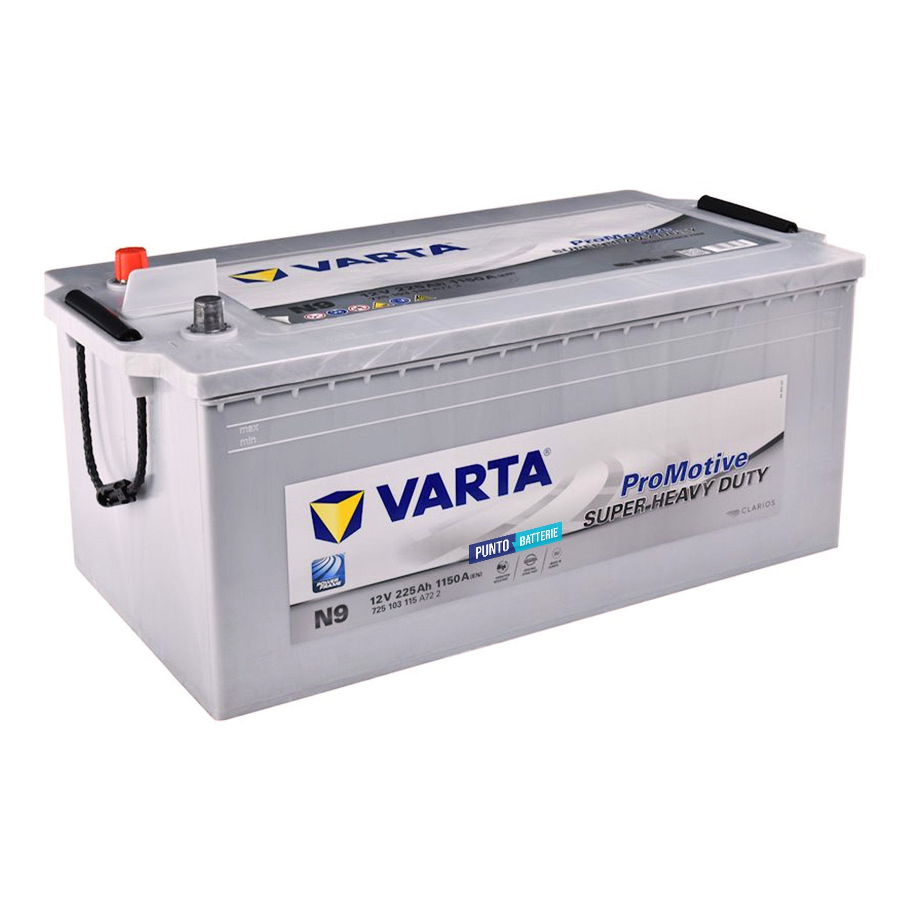 Batteria originale Varta Promotive Super Heavy Duty N9, dimensioni 518 x 276 x 242, polo positivo a sinistra, 12 volt, 225 amperora, 1150 ampere. Batteria per camion e veicoli pesanti.