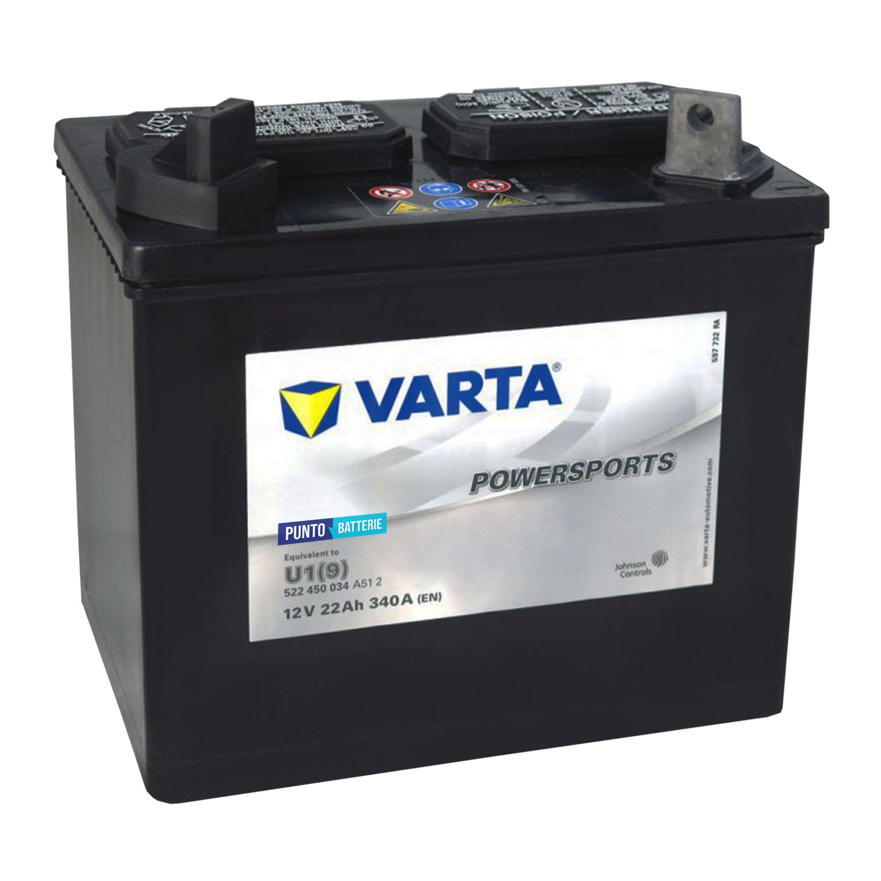 Batteria originale Varta Powersport Gardening U1-9, dimensioni 196 x 131 x 183, polo positivo a sinistra, 12 volt, 22 amperora, 340 ampere. Batteria per trattorino tagliaerba e rasaerba.
